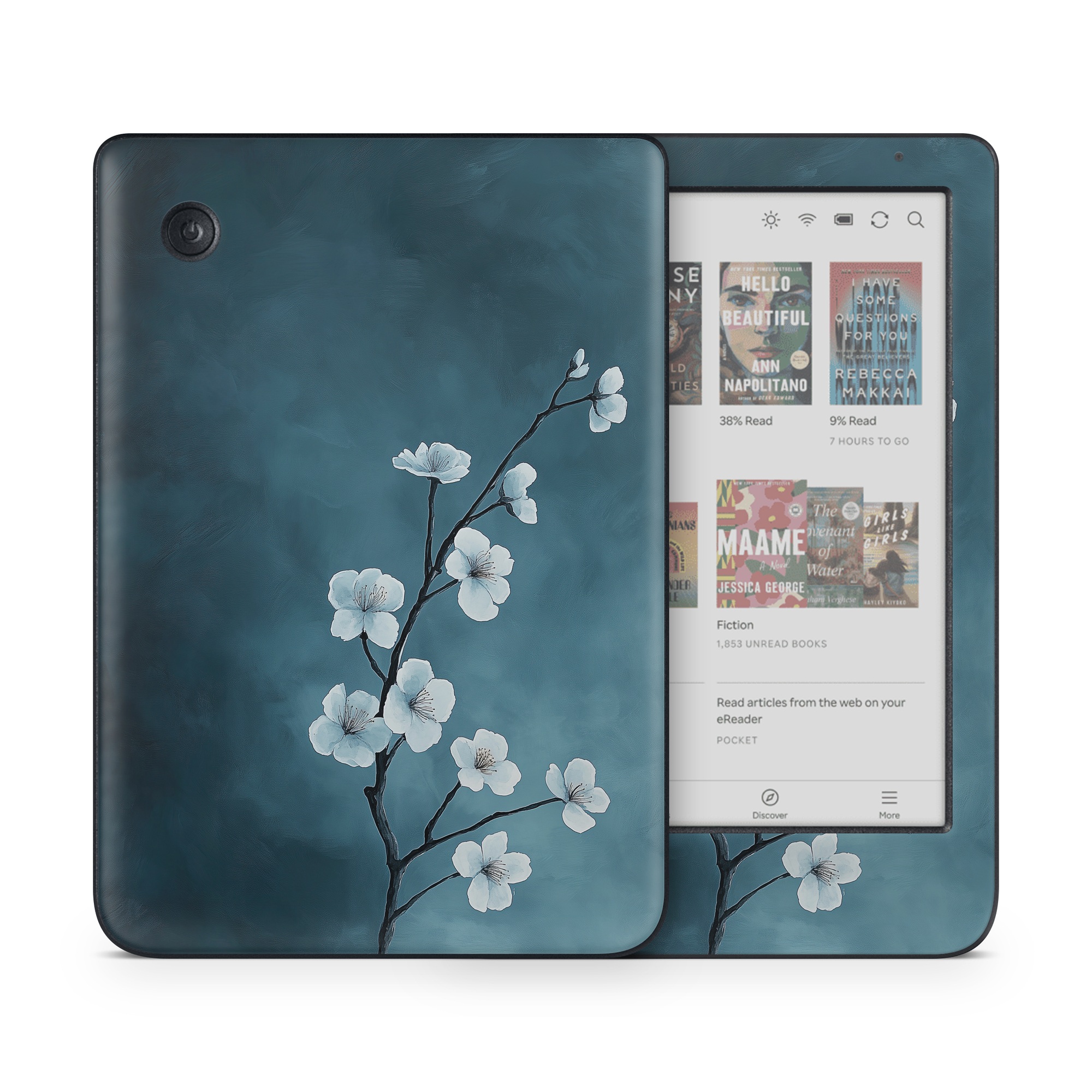 Kobo Clara Colour Skin design of Flower, Nature, Petal, Branch, Twig, Sky, Flowering plant, Cloud, Blossom, Tree, with black, blue, white, gray colors