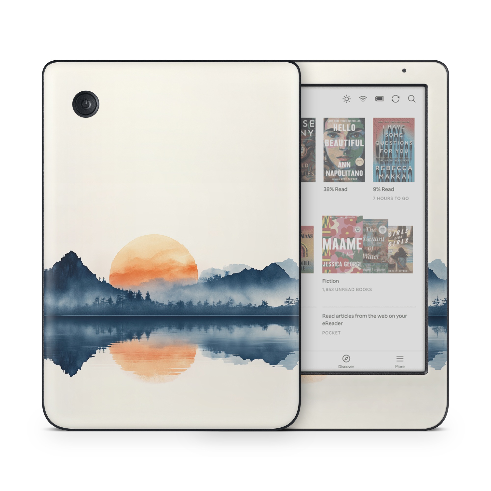 Kobo Clara Colour Skin design of Water, Water resources, Sky, Mountain, Natural landscape, Lake, Atmospheric phenomenon, Landscape, Horizon, Afterglow, with black, blue, white, gray, yellow, orange, red colors
