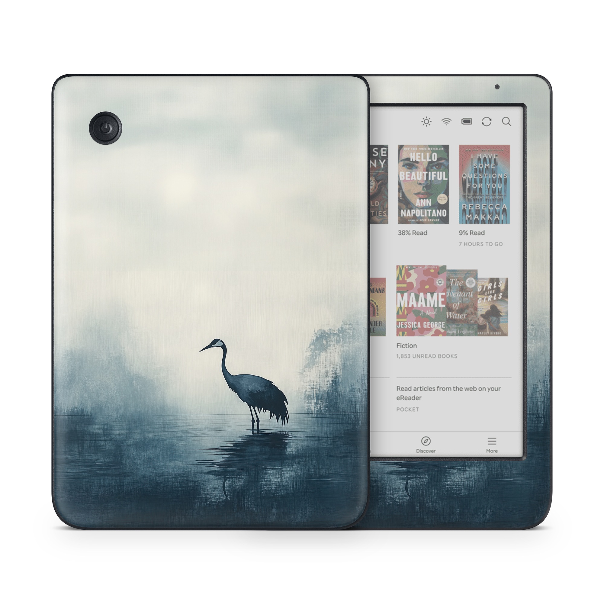Kobo Clara Colour Skin design of Bird, Water, Beak, Feather, Natural landscape, Pelecaniformes, Sky, Wing, Water bird, Heron, with black, blue, white, gray colors