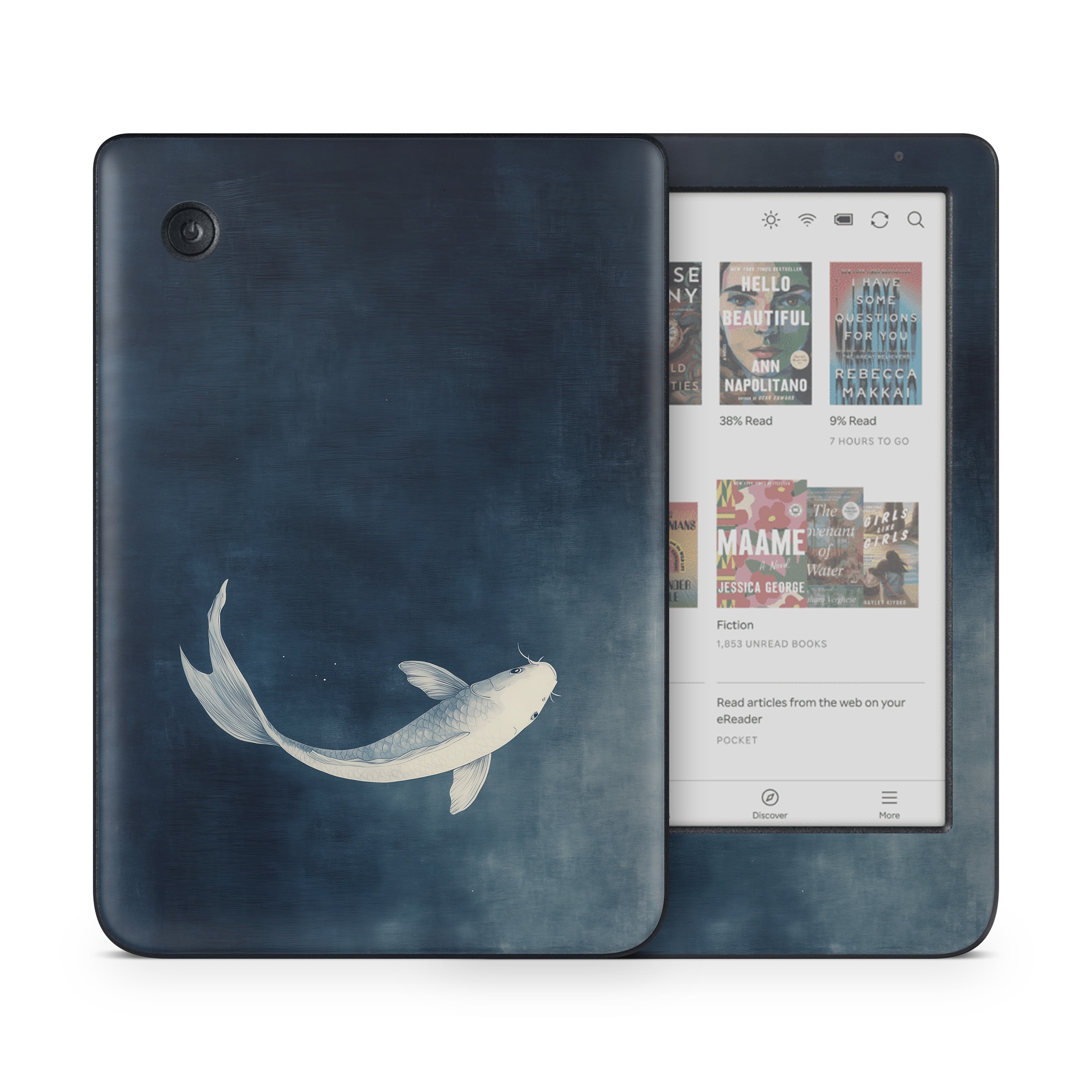 Kobo Clara Colour Skin design of Water, Liquid, Art, Wing, Beak, Feather, Seabird, Electric blue, Fish, Tail, with black, blue, white, gray colors