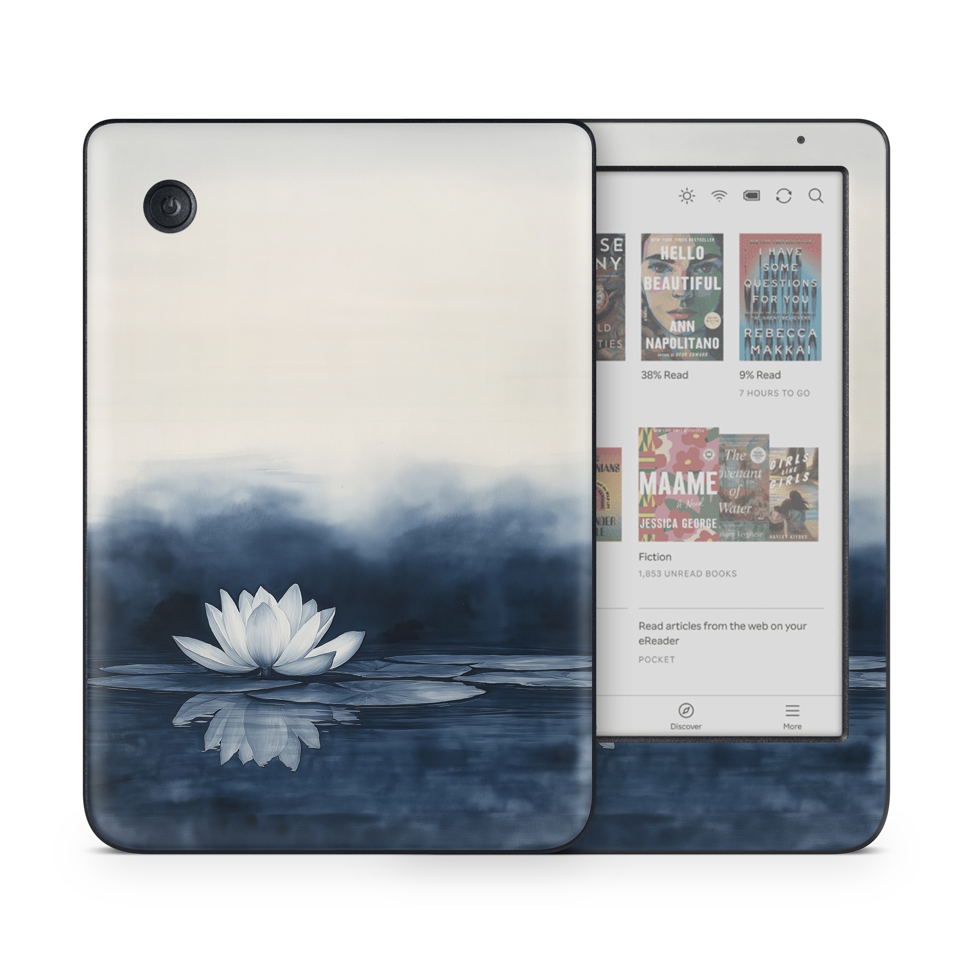 Kobo Clara Colour Skin design of Water, Flower, Plant, Liquid, Lotus, Sky, Nature, Petal, Fluid, Sacred lotus, with black, blue, white, gray colors