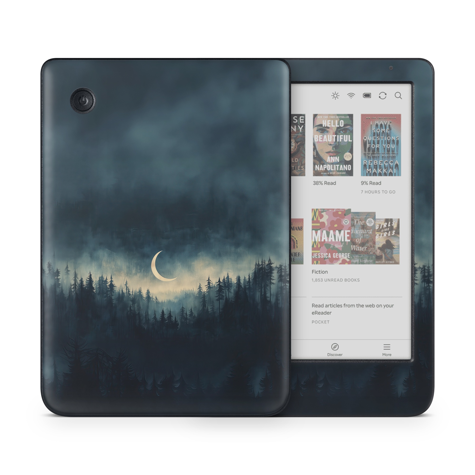 Kobo Clara Colour Skin design of Cloud, Sky, Atmosphere, Moon, Ecoregion, Crescent, Natural landscape, Tree, Plant, Dusk, with black, blue, white, gray colors