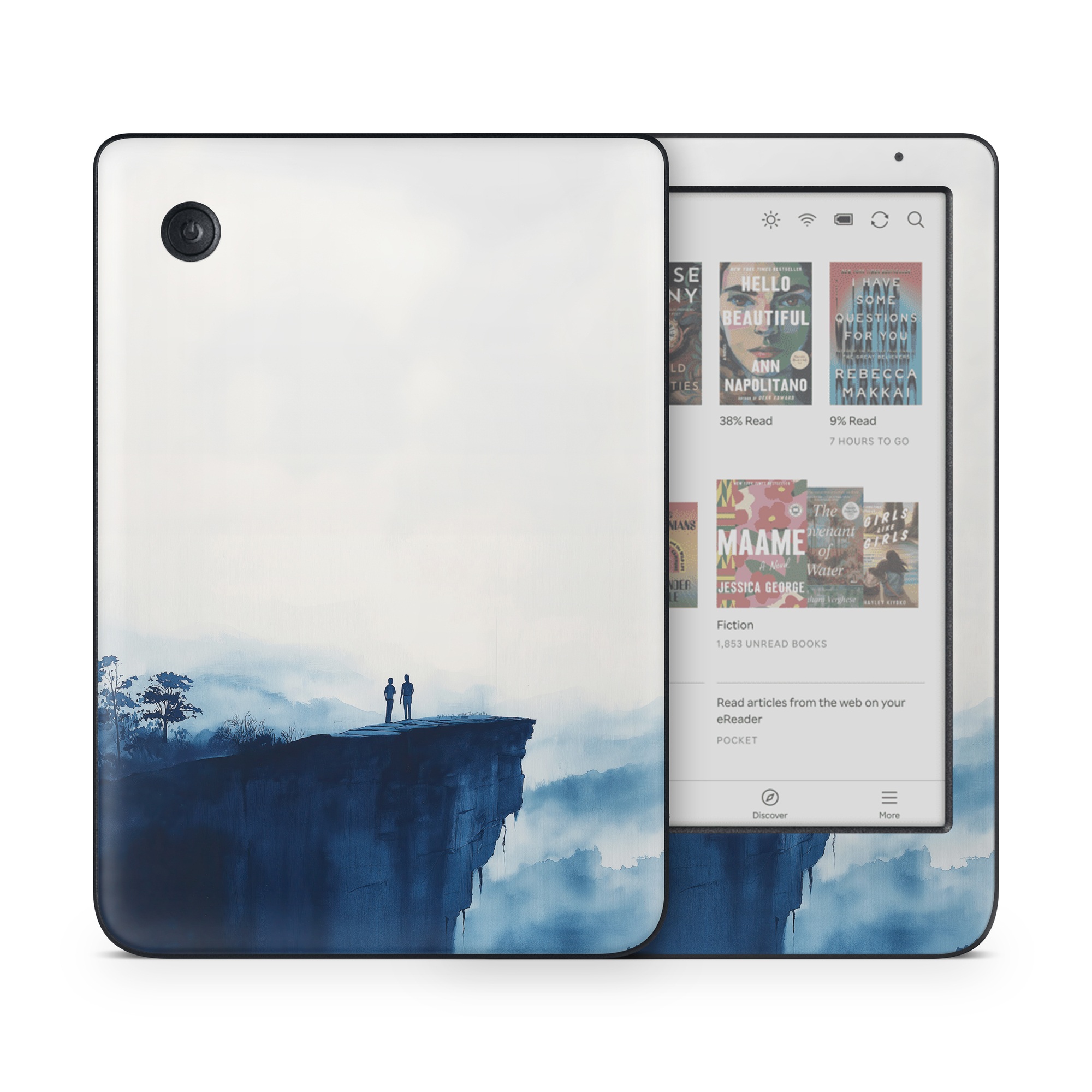 Kobo Clara Colour Skin design of Cloud, Water, Sky, Slope, Mountain, Terrain, People in nature, Horizon, Landscape, Calm, with black, blue, white, gray colors