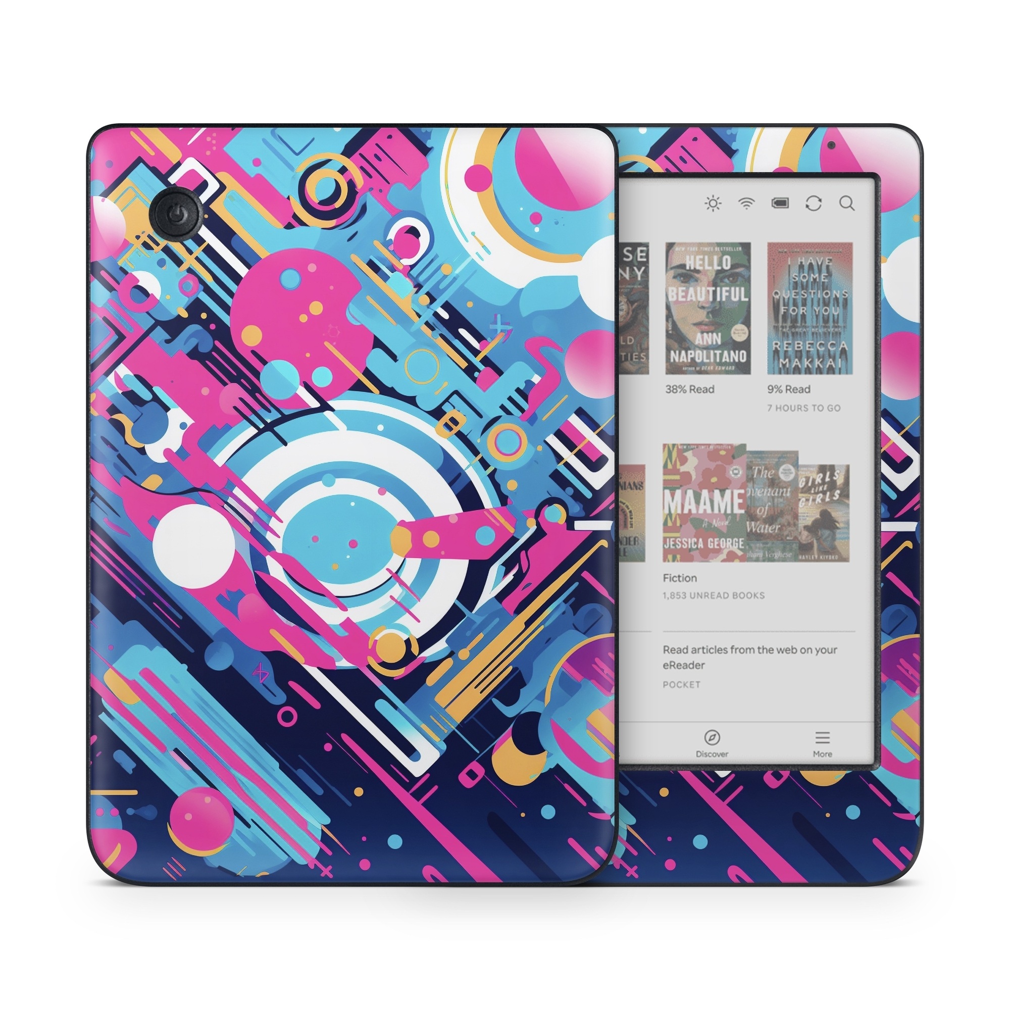 Kobo Clara Colour Skin design of Colorfulness, Font, Line, Material property, Art, Magenta, Pattern, Electric blue, Circle, Graphics, with blue, pink, black, white, orange colors
