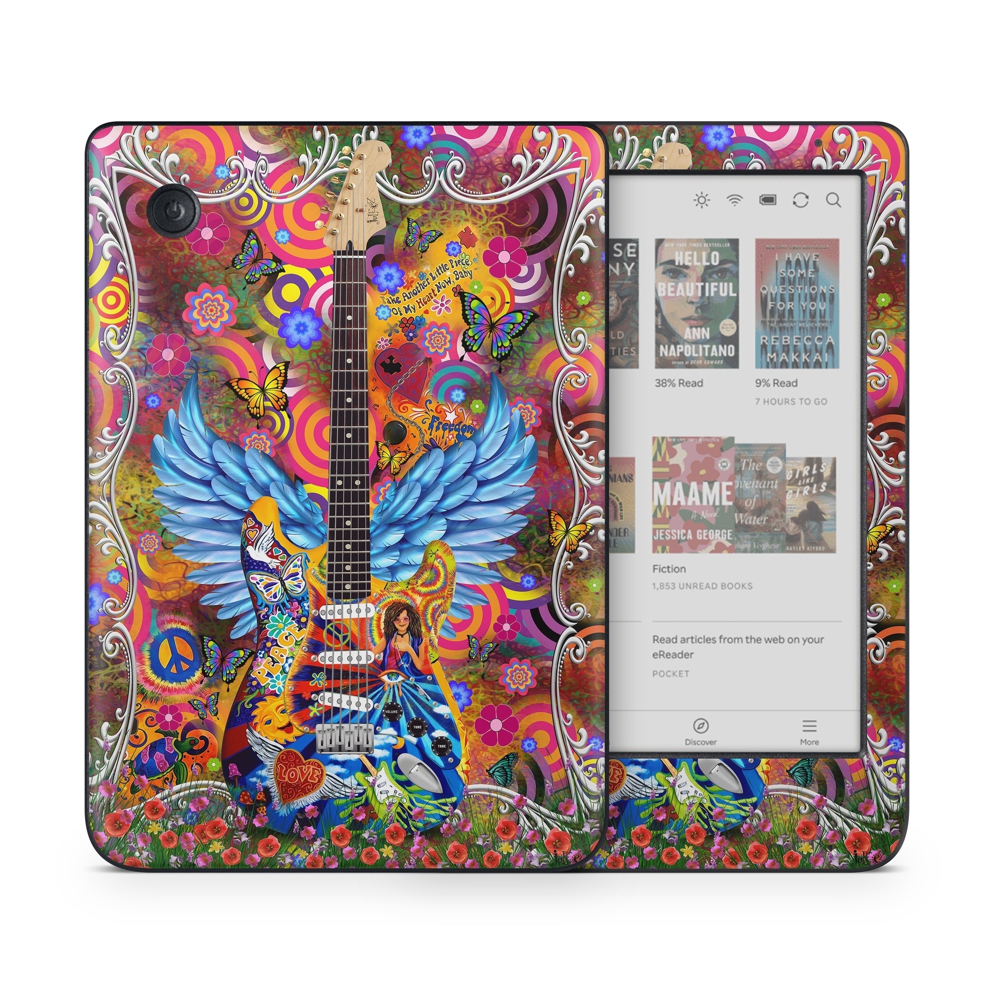 Kobo Clara Colour Skin design of Musical instrument, Guitar, Guitar accessory, Textile, Organism, String instrument, Plucked string instruments, String instrument accessory, Art, Font, with red, yellow, orange, pink, black, white, blue, brown, green colors