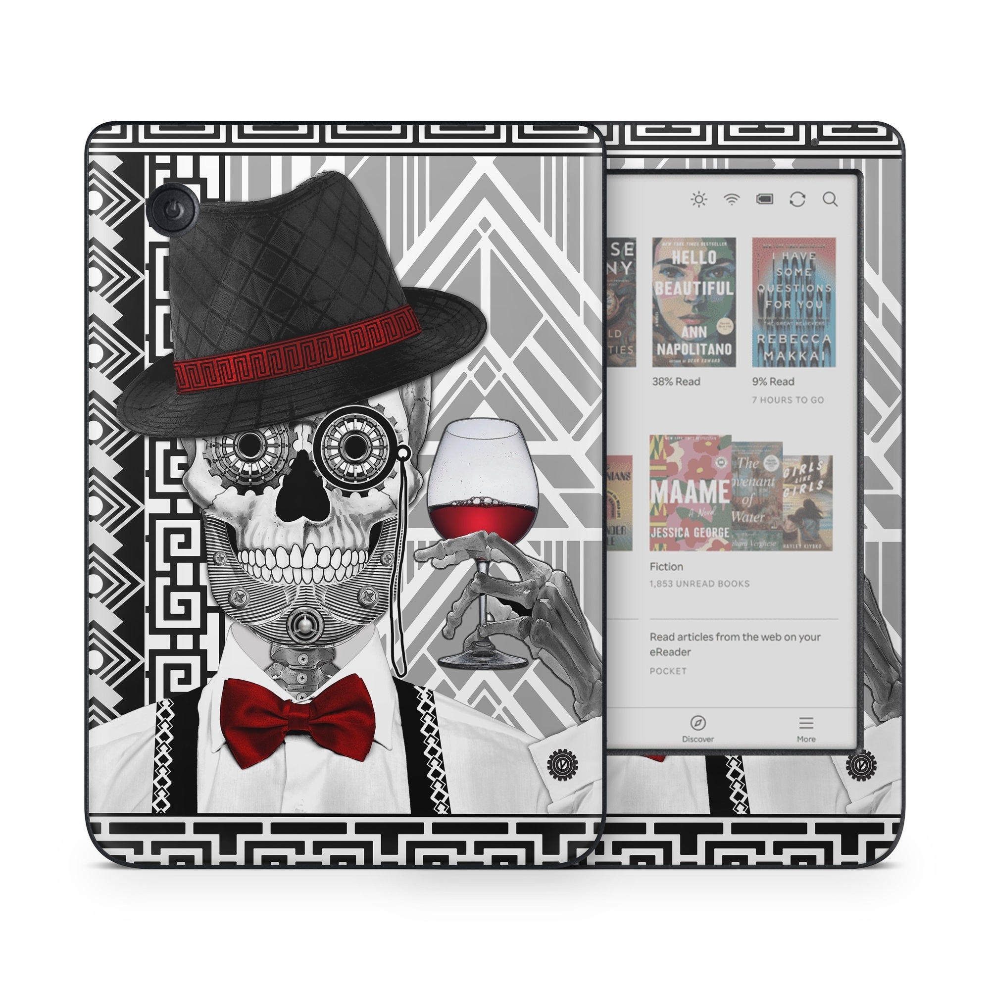 Kobo Clara Colour Skin design of Cartoon, Poster, Font, Illustration, Headgear, Games, Photo caption, Fictional character, Graphic design, Hat, with black, white, red colors
