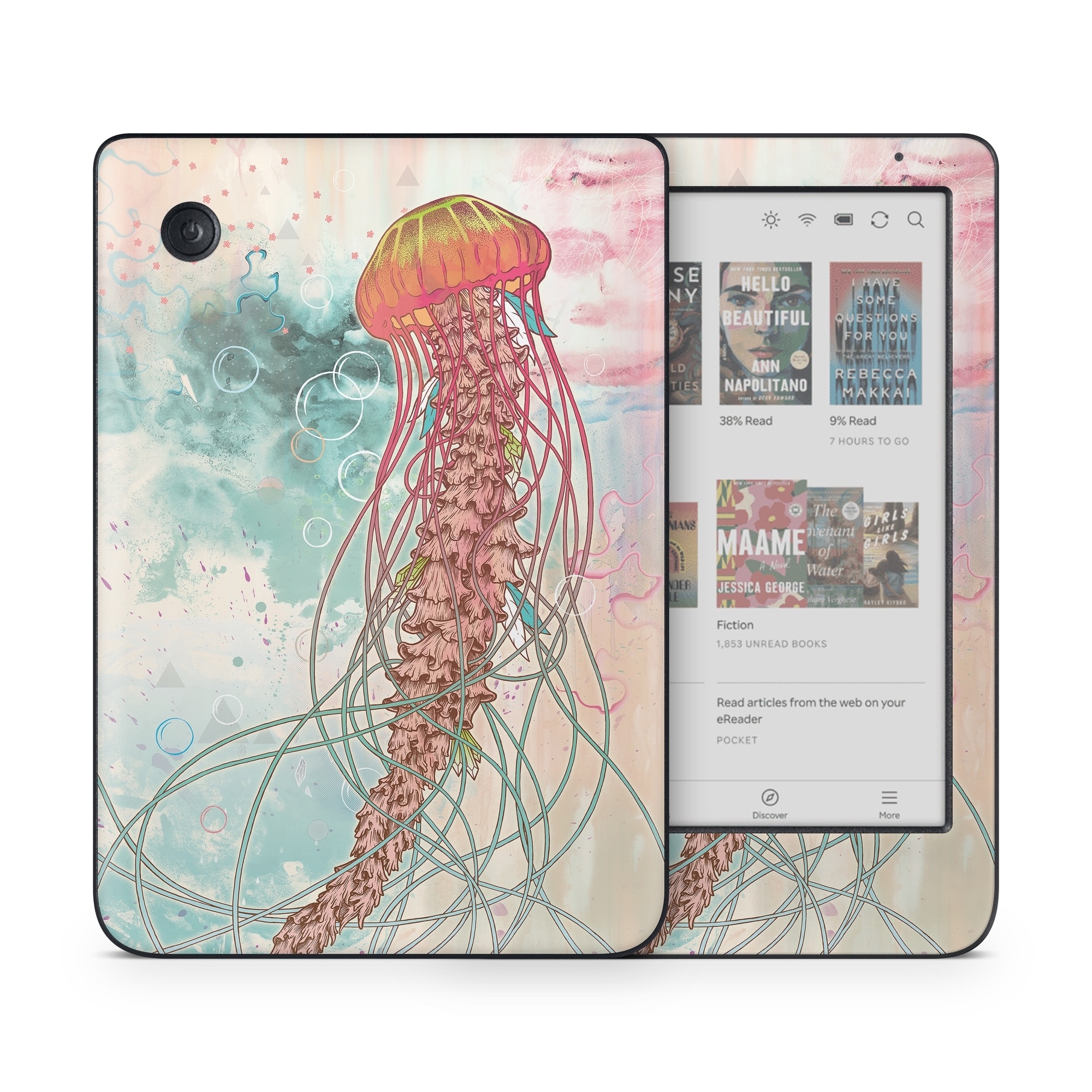 Kobo Clara Colour Skin design of Jellyfish, Illustration, Water, Cnidaria, Marine invertebrates, Organism, Portuguese man o' war, Art, Nepenthes, Invertebrate, with gray, pink, yellow, red, green colors