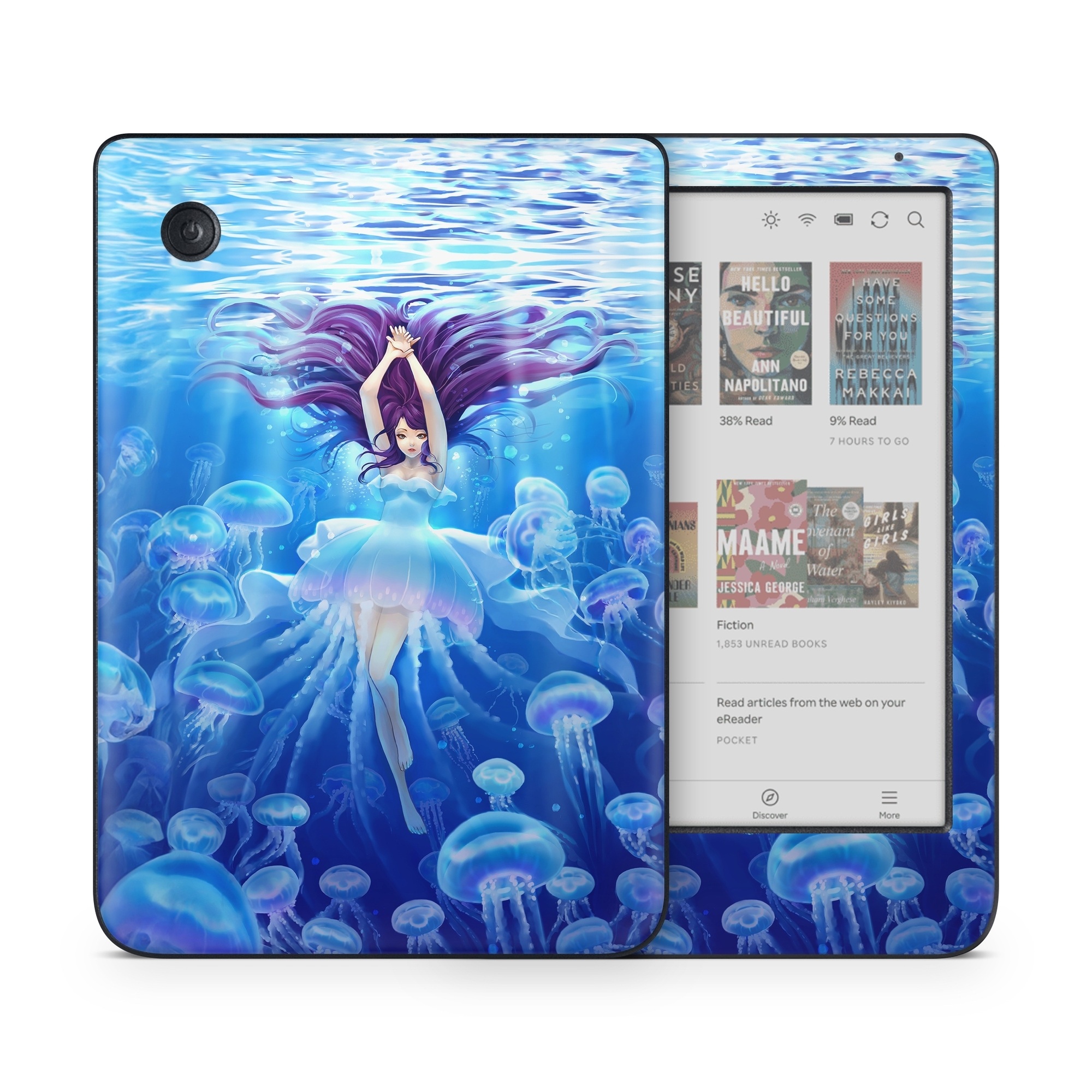 Kobo Clara Colour Skin design of Jellyfish, Cnidaria, Organism, Marine biology, Marine invertebrates, Water, Bioluminescence, Illustration, Electric blue, Fictional character, with blue, purple, gray colors