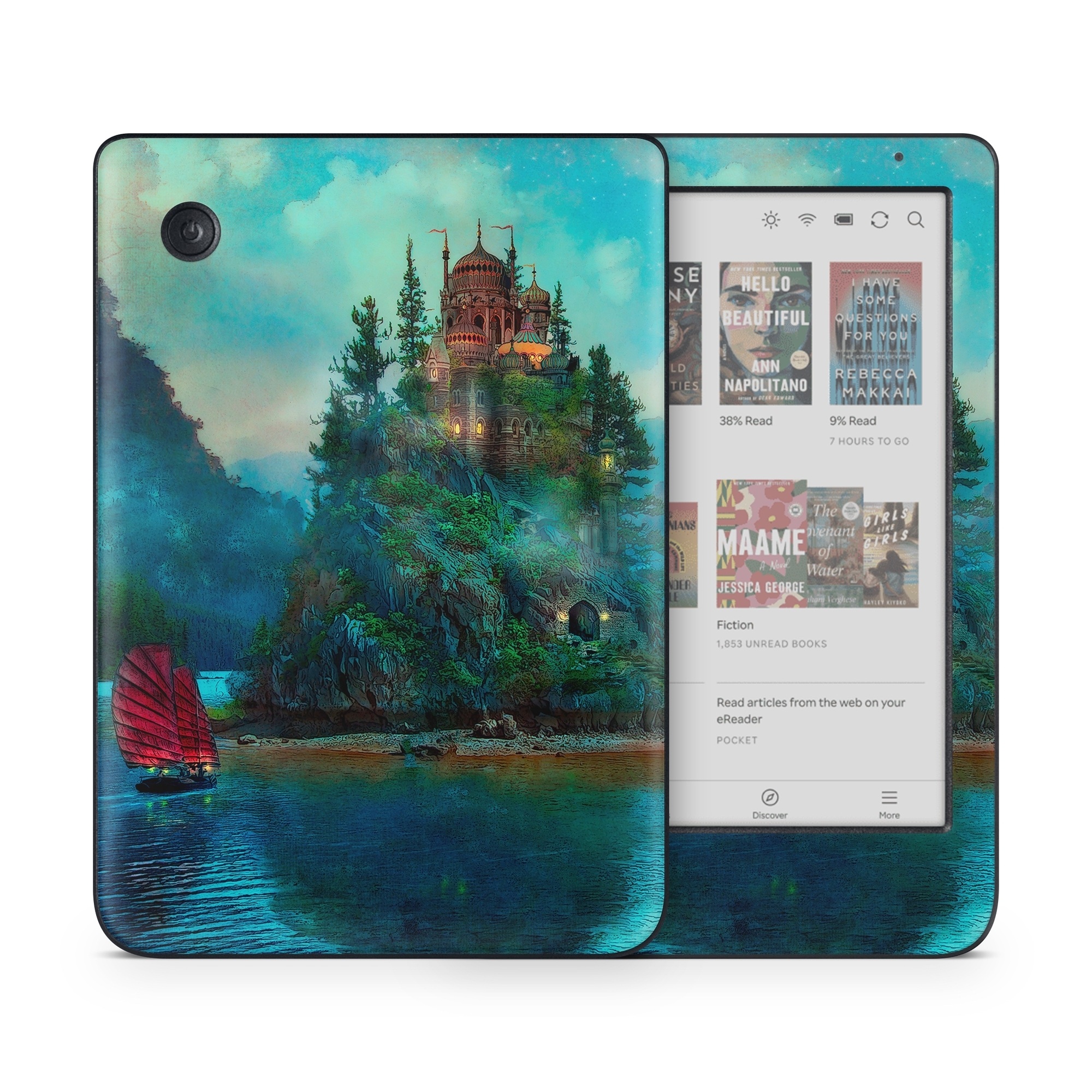 Kobo Clara Colour Skin design of Nature, Natural landscape, Sky, Painting, Landscape, Illustration, Watercolor paint, Art, Calm, Water castle, with black, gray, blue, green colors