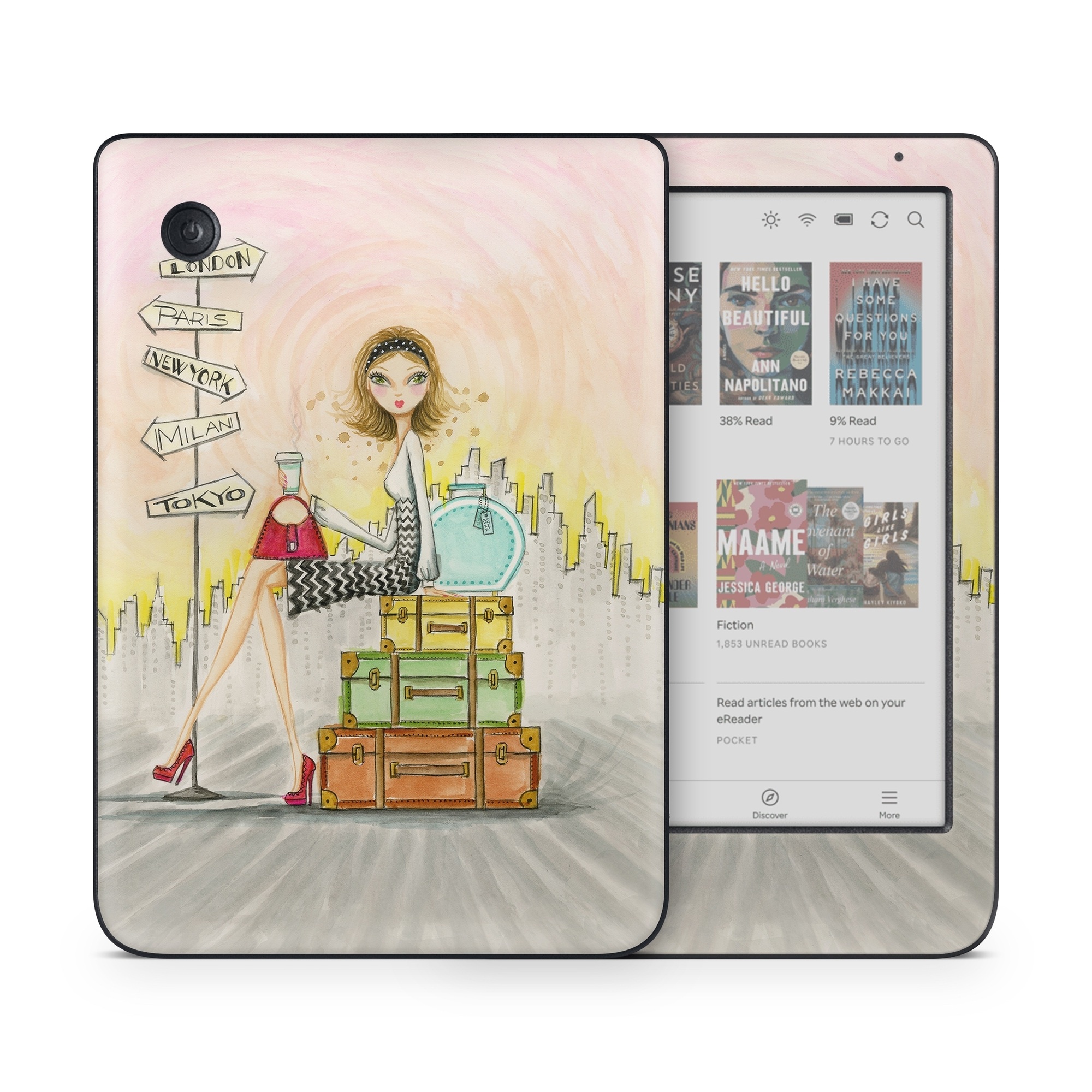 Kobo Clara Colour Skin design of Cartoon, Illustration, Art, Watercolor paint, with gray, pink, green, red, black colors