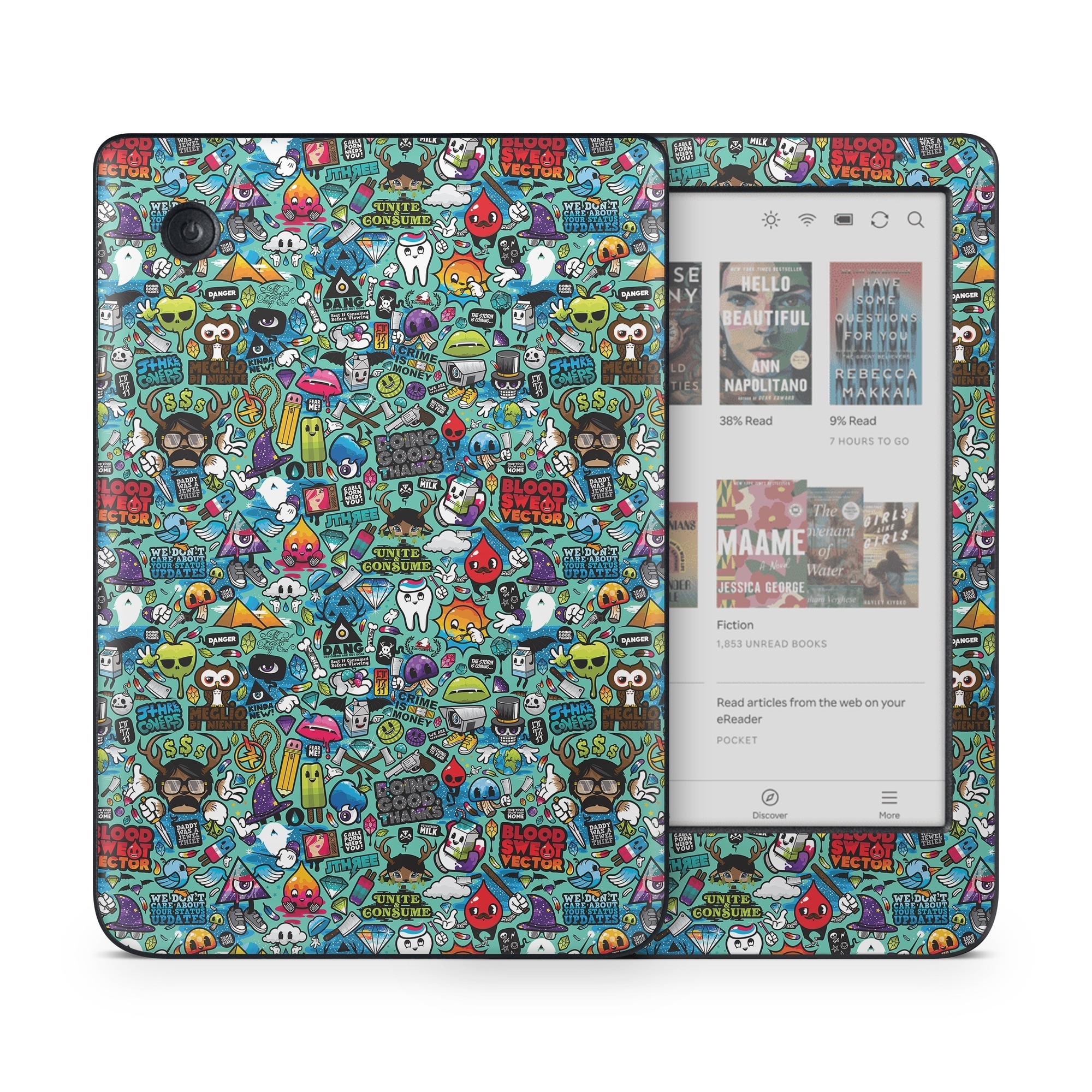 Kobo Clara Colour Skin design of Cartoon, Art, Pattern, Design, Illustration, Visual arts, Doodle, Psychedelic art, with black, blue, gray, red, green colors