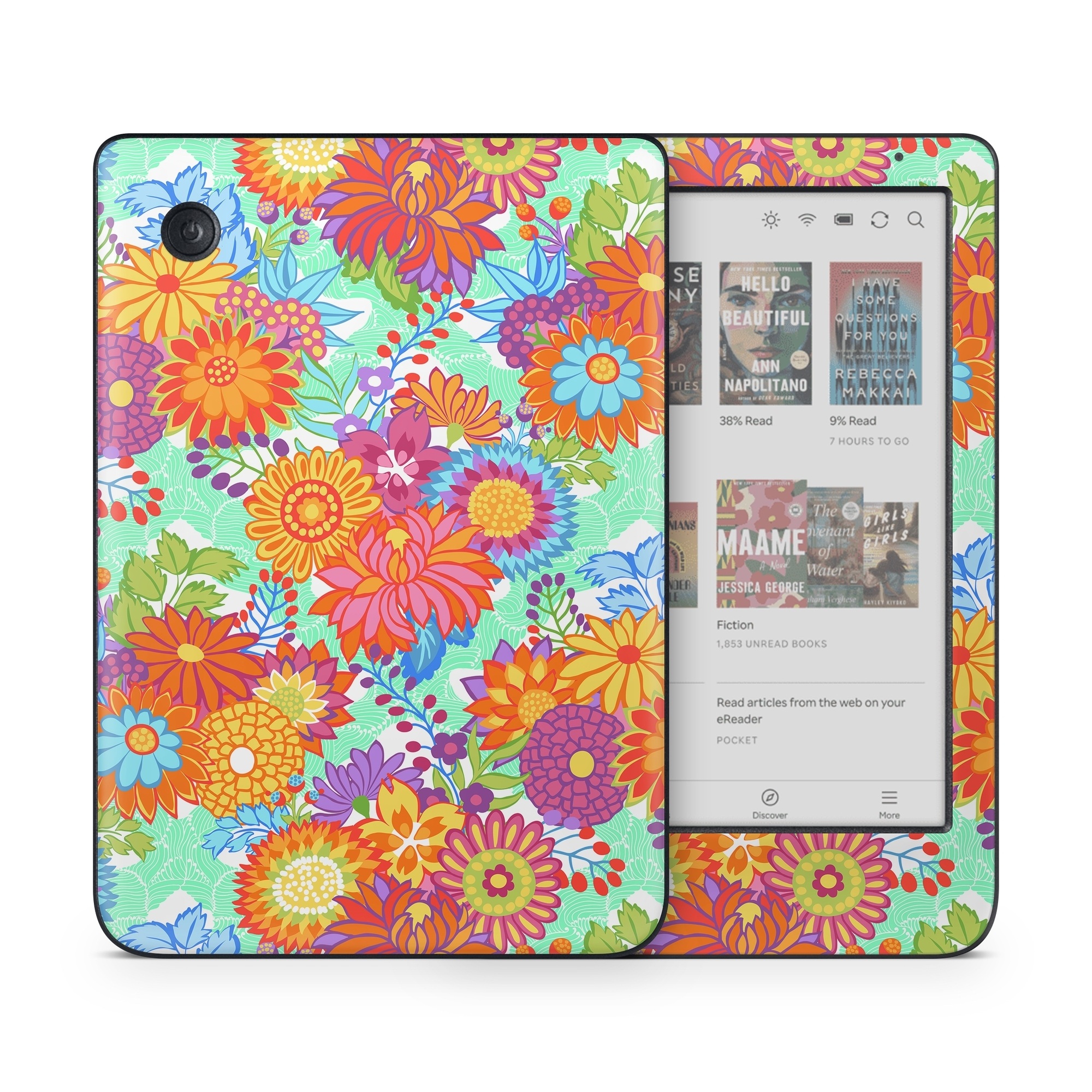 Kobo Clara Colour Skin design of Pattern, Floral design, Orange, Flower, Design, Textile, Plant, Wildflower, Wrapping paper, Visual arts, with gray, orange, green, purple colors