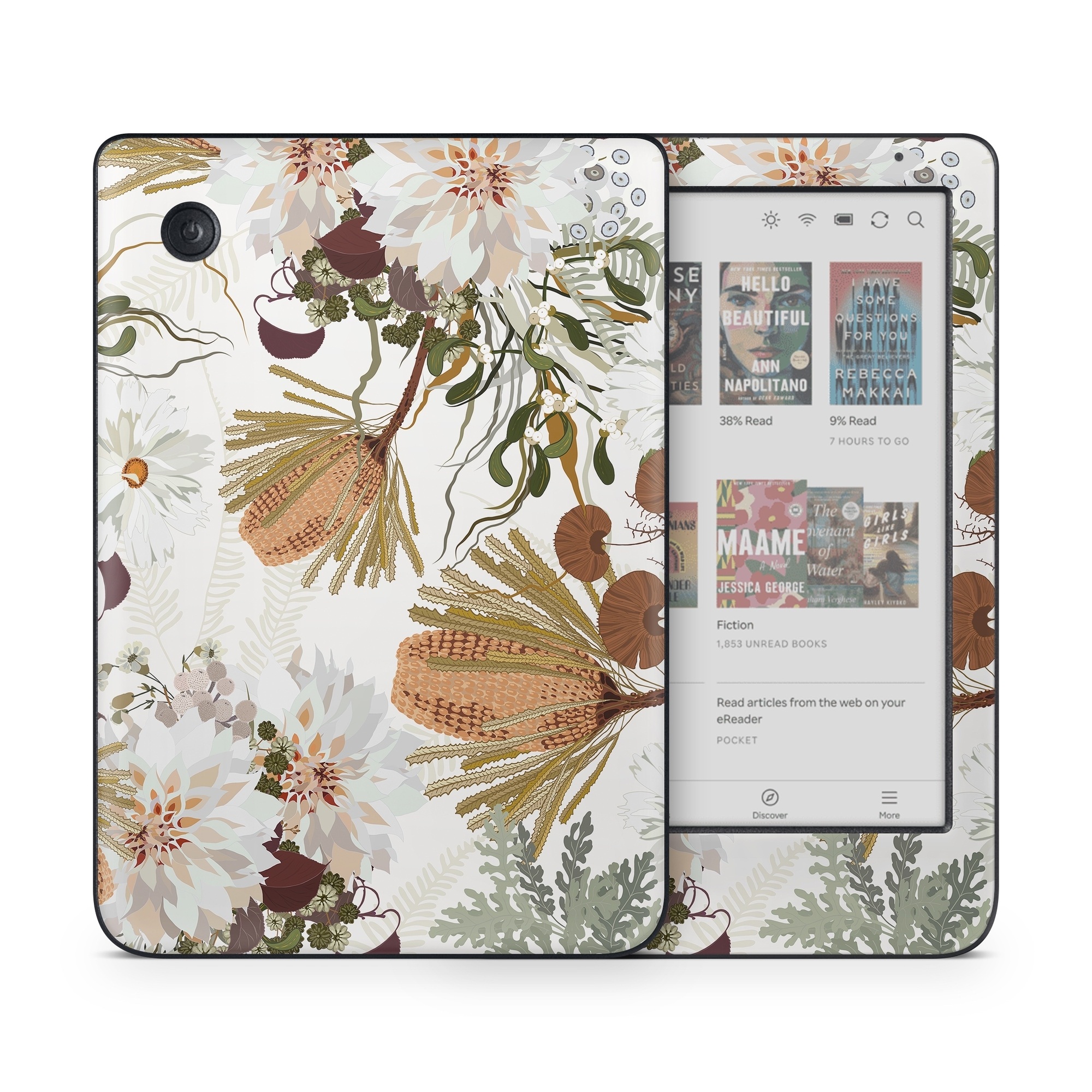 Kobo Clara Colour Skin design of Flower, Botany, Plant, Floral design, Wildflower, Pattern, Wallpaper, Textile, Petal, Butterfly, with white, brown, green, gray colors