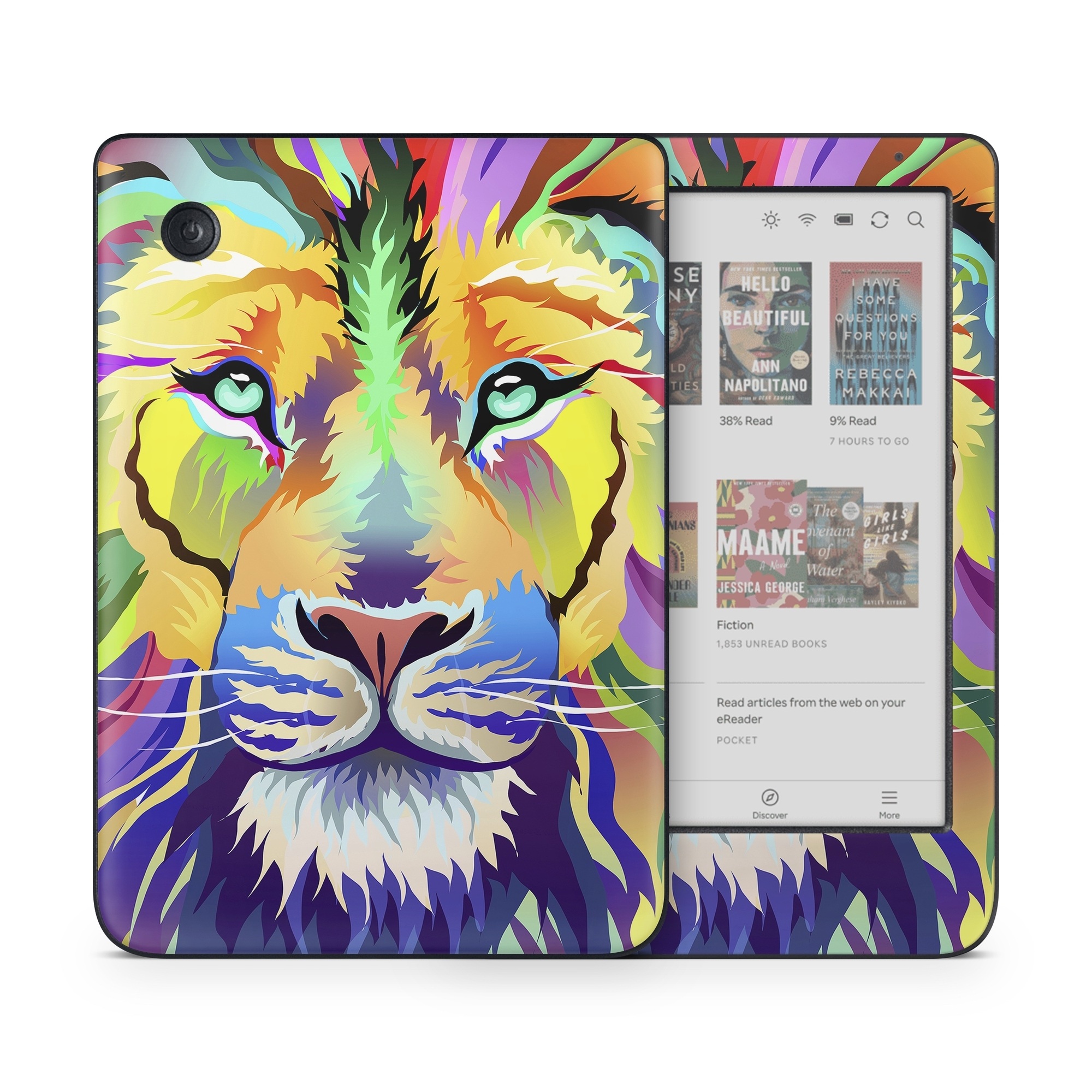 Kobo Clara Colour Skin design of Bengal tiger, Felidae, Lion, Wildlife, Big cats, Tiger, Carnivore, Art, Illustration, Painting, with orange, yellow, green, red, pink, blue, purple colors