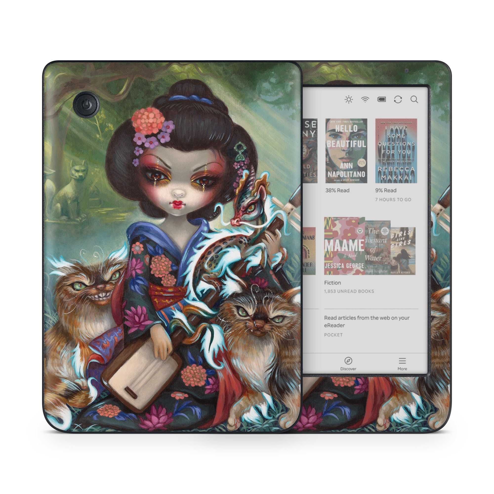 Kobo Clara Colour Skin design of Cat, Felidae, Whiskers, Illustration, Art, Small to medium-sized cats, Doll, Kitten, Norwegian forest cat, Fawn, with black, white, red, brown, blue, green, pink, purple colors