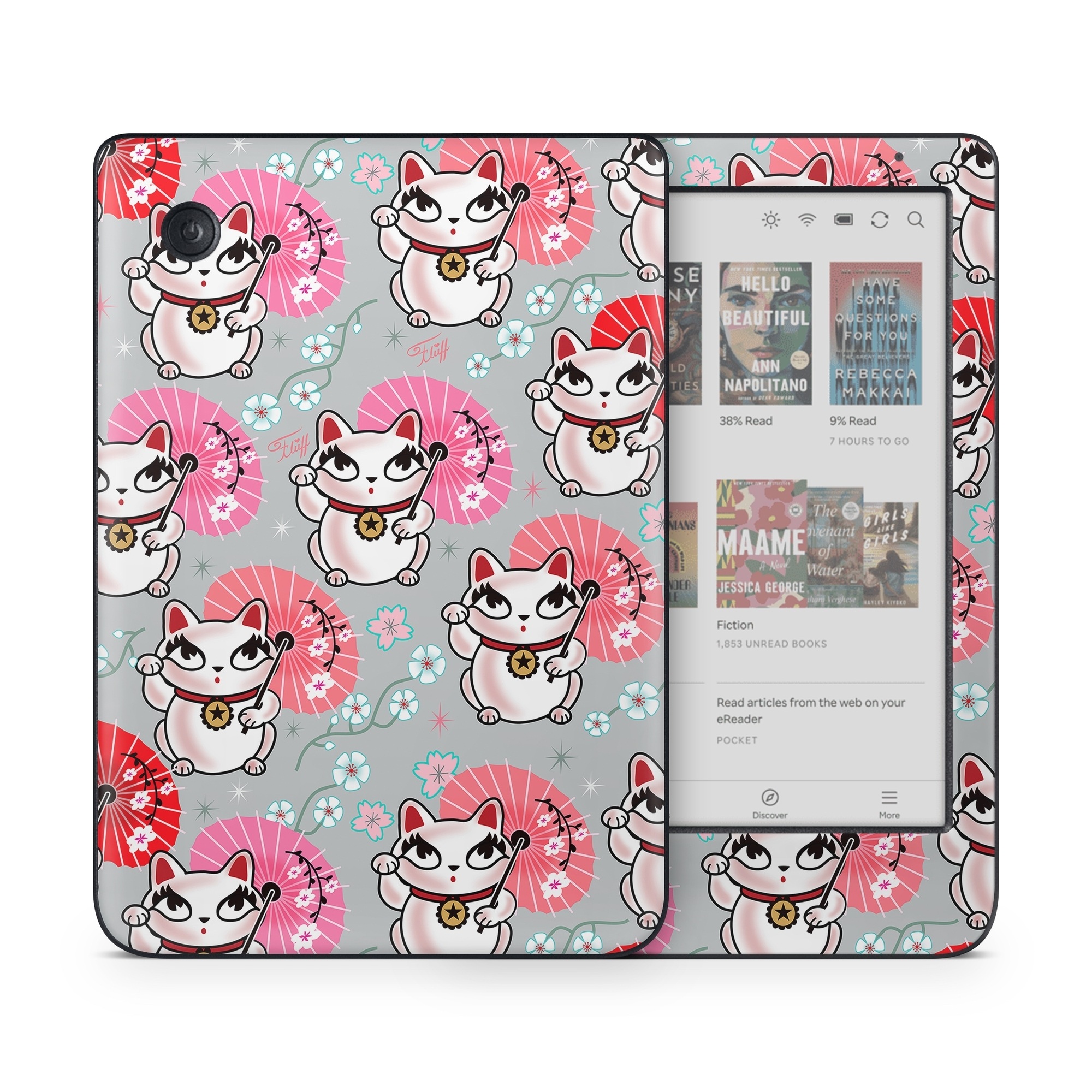 Kobo Clara Colour Skin design of Pink, Red, Cartoon, Design, Line, Textile, Pattern, Illustration, Smile, Fictional character, with white, red, pink, gray, blue, black colors