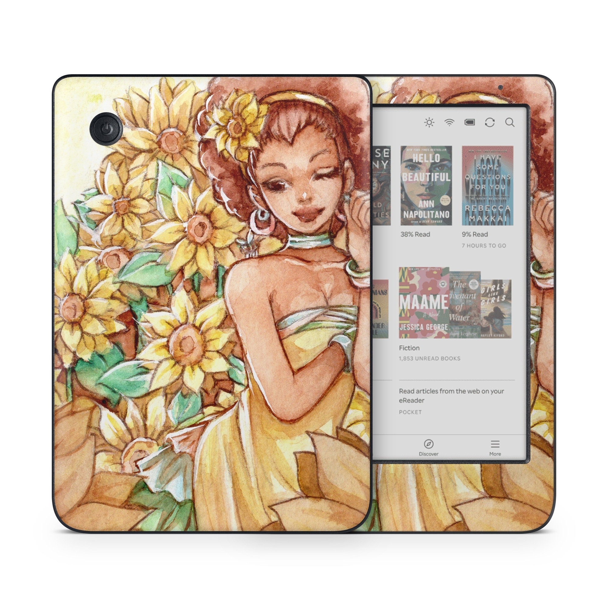 Kobo Clara Colour Skin design of Painting, Illustration, Art, Fictional character, Plant, Flower, Clip art, with yellow, orange, brown, green colors