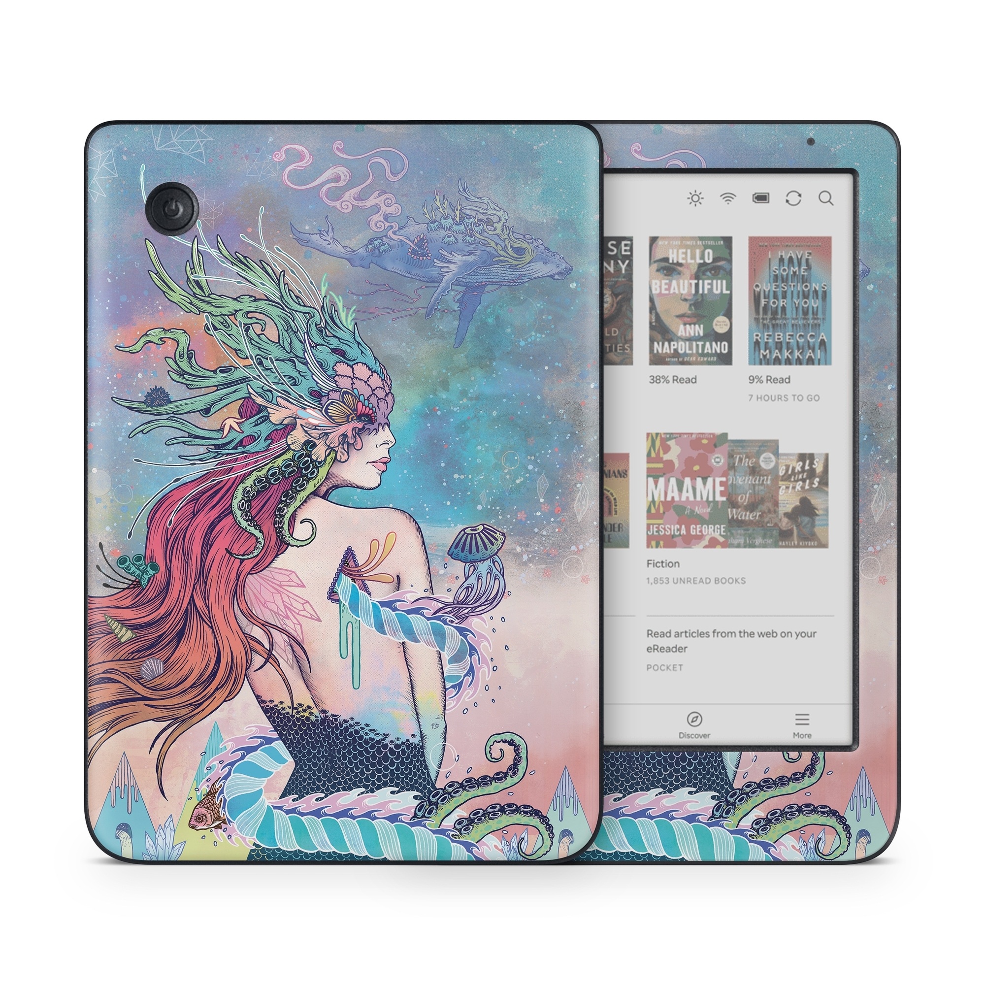 Kobo Clara Colour Skin design of Illustration, Fictional character, Art, Cg artwork, Fiction, Mythology, Painting, Mermaid, with blue, purple, green, red, yellow, pink colors