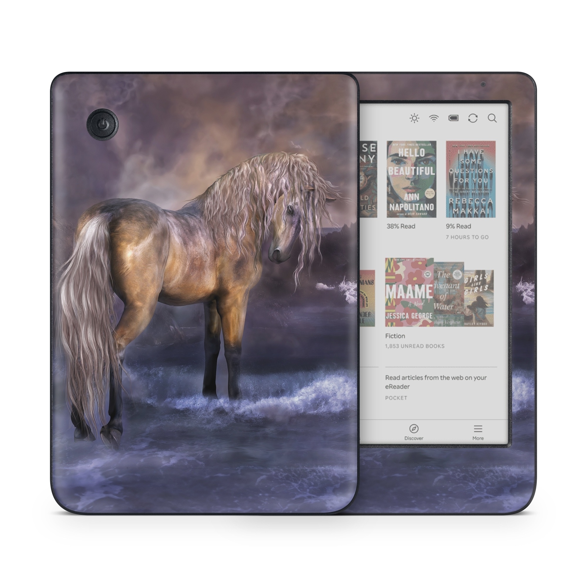 Kobo Clara Colour Skin design of Horse, Mane, Stallion, Mustang horse, Fictional character, Mare, Painting, Wildlife, Mythical creature, with black, gray, red, blue, green colors