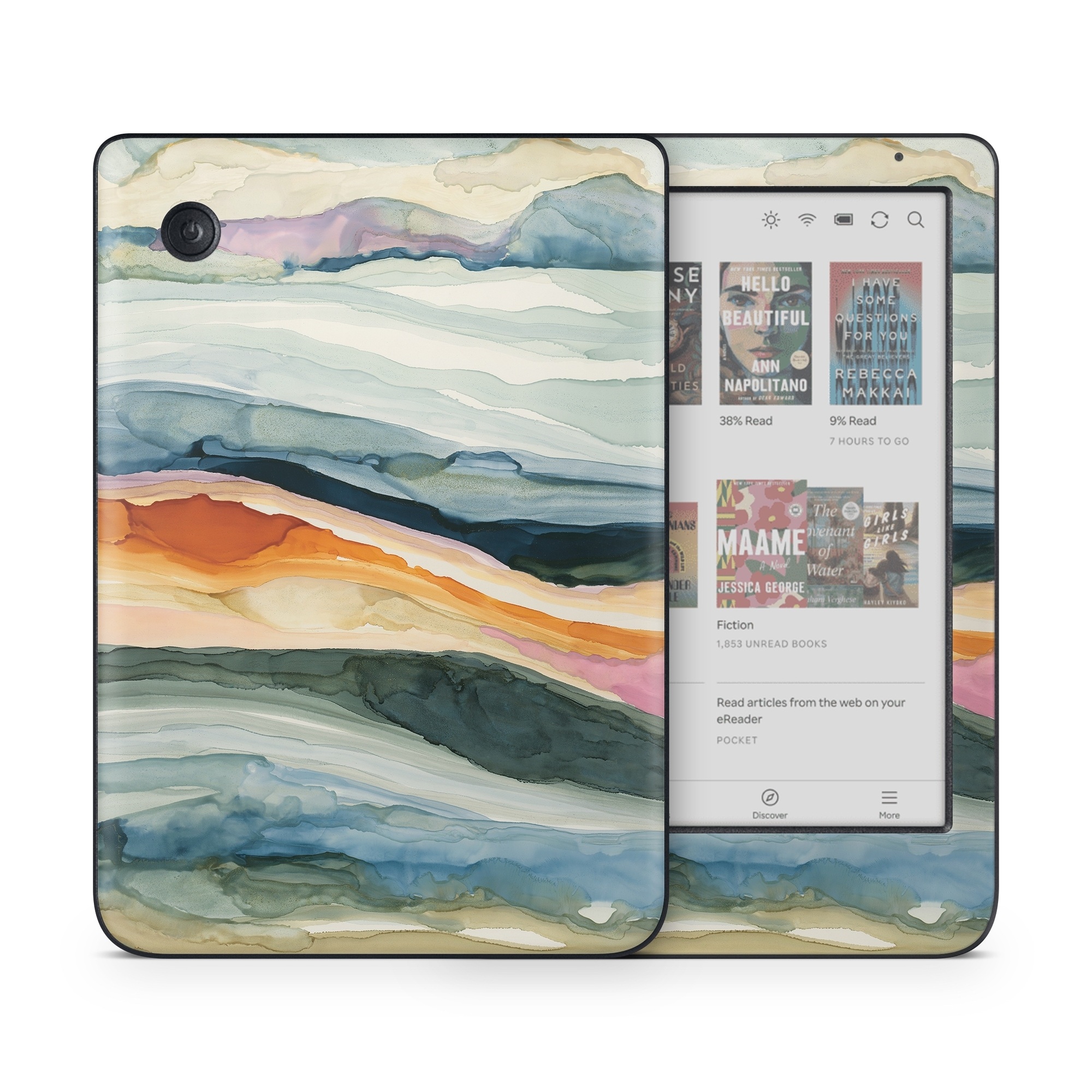 Kobo Clara Colour Skin design of Watercolor paint, Painting, Sky, Wave, Geology, Landscape, Pattern, Acrylic paint, Cloud, Paint, with blue, purple, orange, yellow, red, green, brown colors