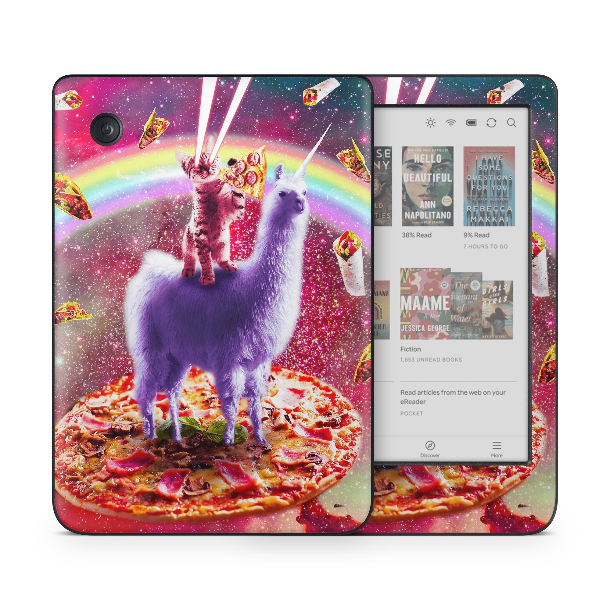 Kobo Clara Colour Skin design of Llama, Unicorn, Fictional character, Illustration, Graphic design, Livestock, Camelid, Mythical creature, Graphics, Art, with red, white, yellow, gray, purple, blue, green colors