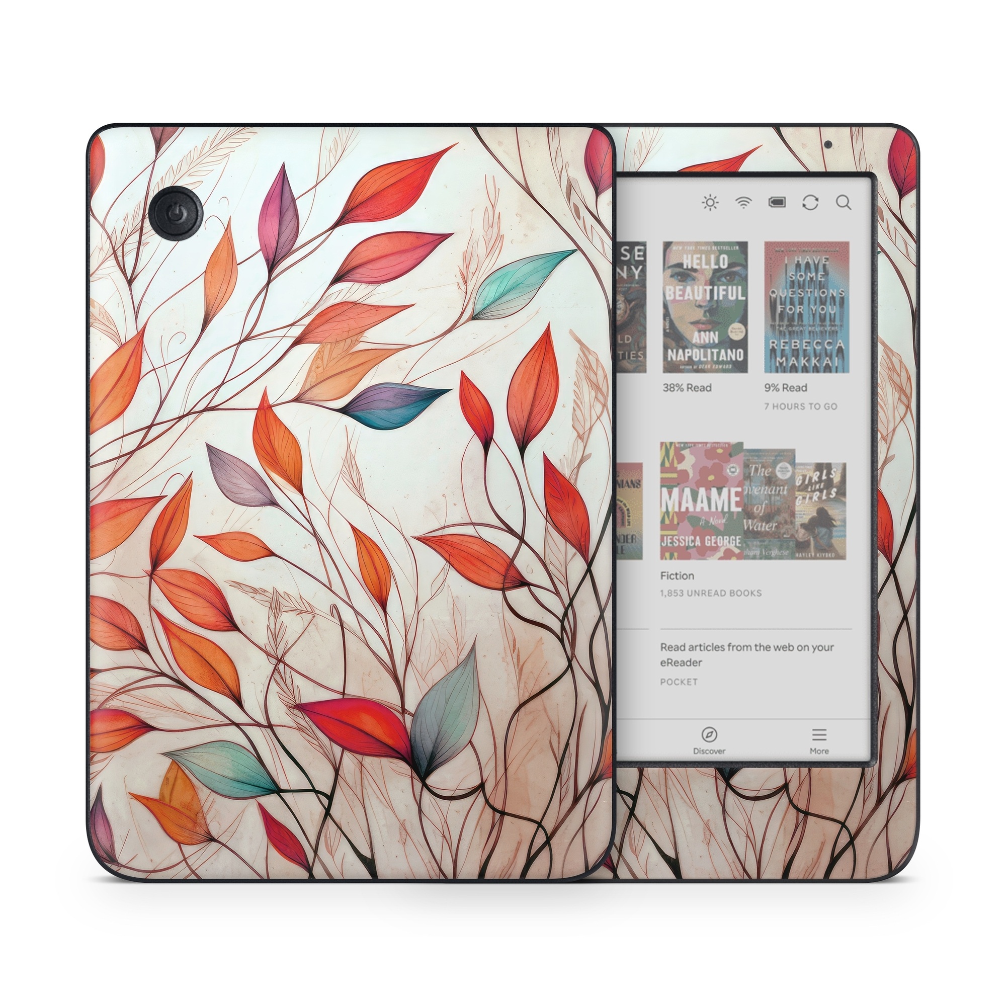 Kobo Clara Colour Skin design of Plant, Vertebrate, Art paint, Nature, Botany, Leaf, Branch, Twig, Textile, Orange, with yellow, orange, red, white, brown, blue colors