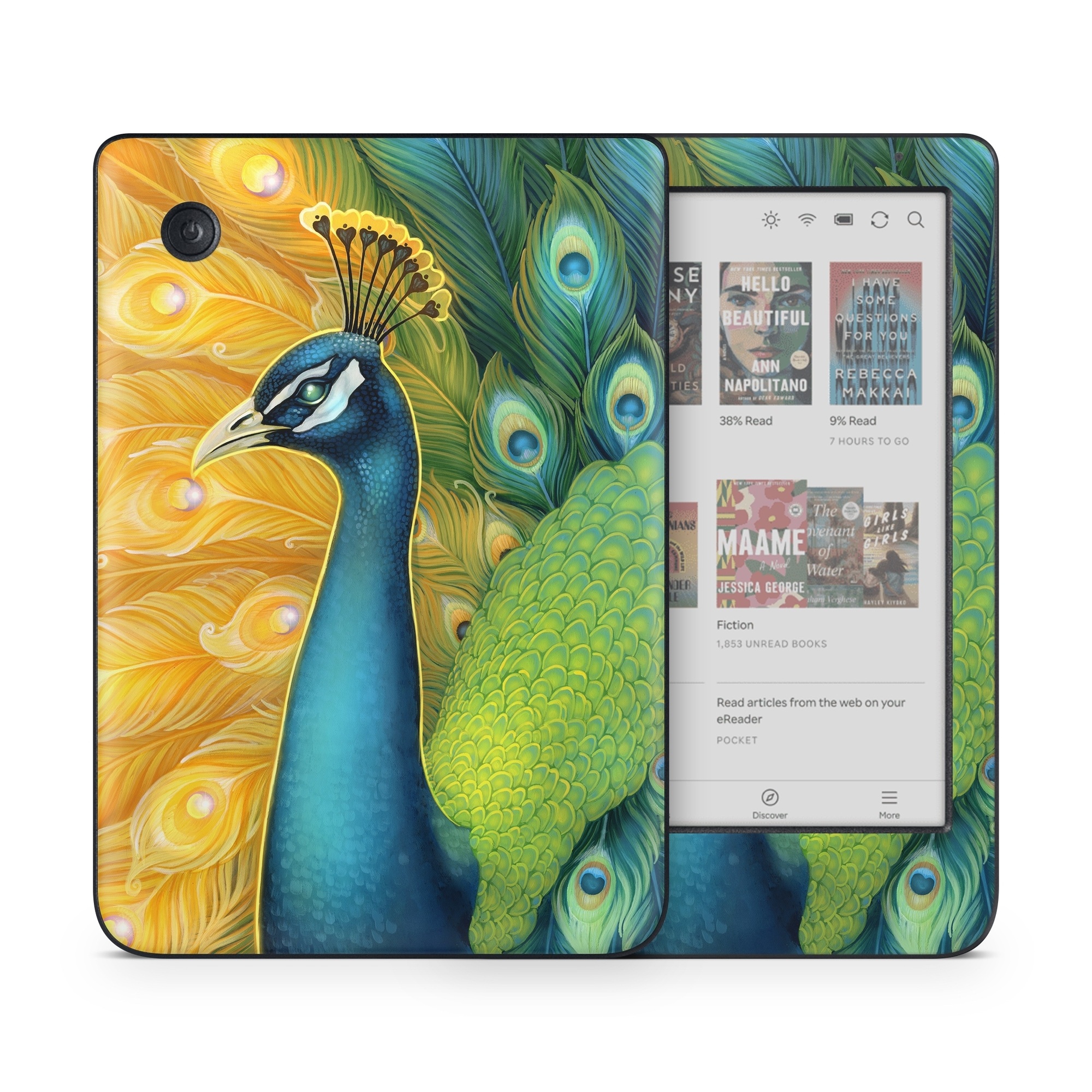 Kobo Clara Colour Skin design of Bird, Peafowl, Phasianidae, Beak, Organism, Art paint, Galliformes, Art, Feather, Painting, with yellow, orange, green, blue, white, black colors