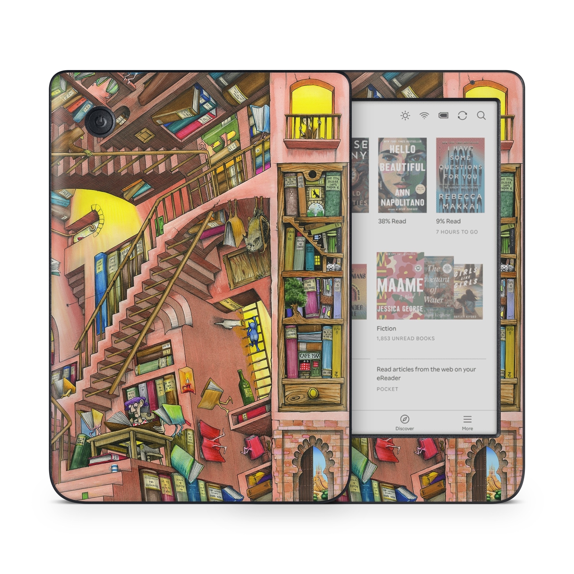 Kobo Clara Colour Skin design of Cartoon, Building, Art, Architecture, Design, Fun, Retail, Illustration, Neighbourhood, Room, with pink, yellow, blue, red, orange, brown colors