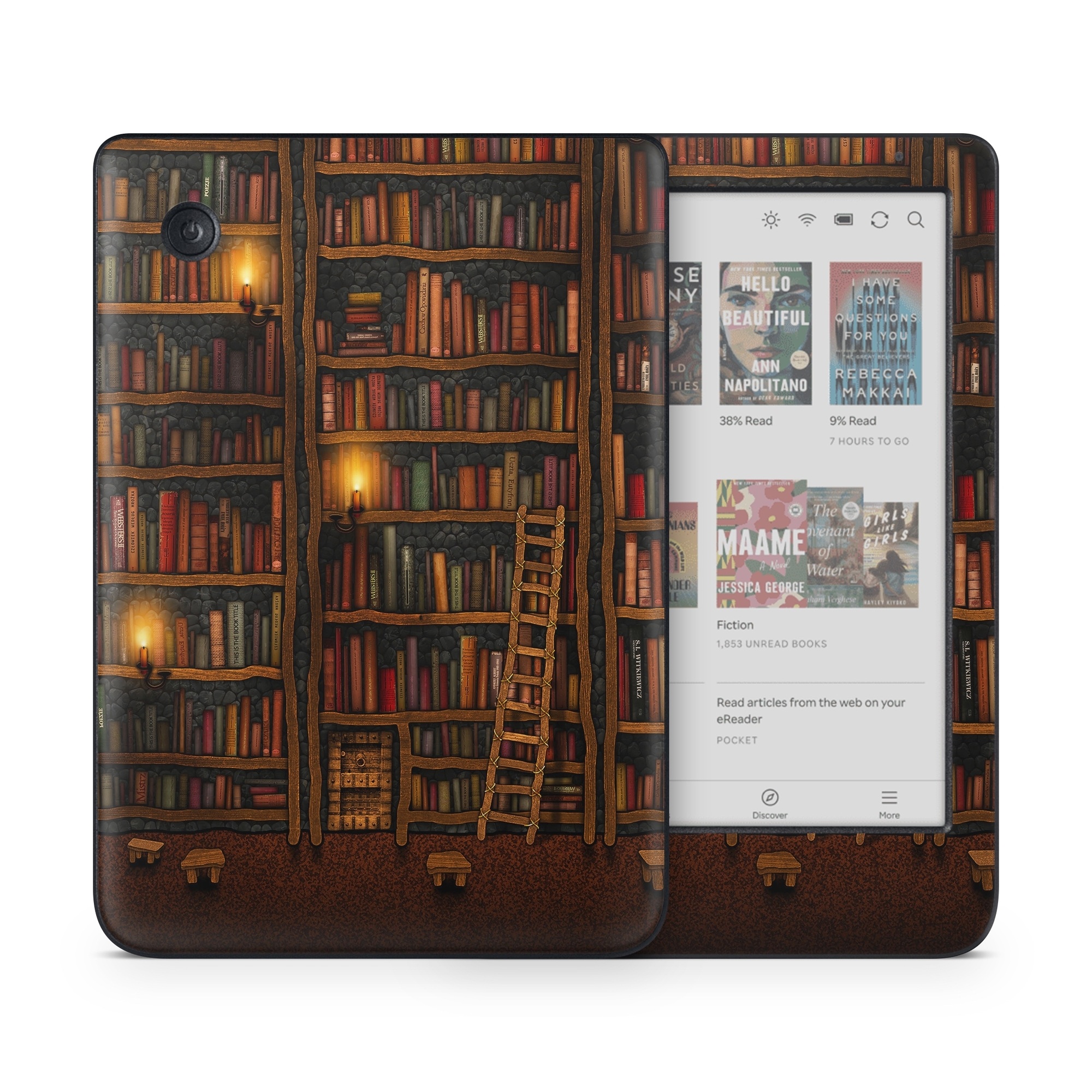 Kobo Clara Colour Skin design of Shelving, Library, Bookcase, Shelf, Furniture, Book, Building, Publication, Room, Darkness, with black, red colors