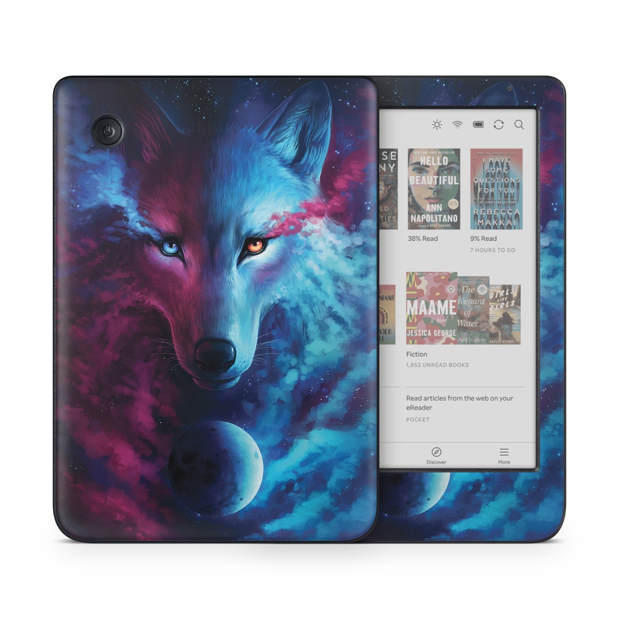 Kobo Clara Colour Skin design of Dog, Carnivore, Organism, Iris, Painting, Art, Whiskers, Cg artwork, Electric blue, Space, with black, blue, purple, red colors
