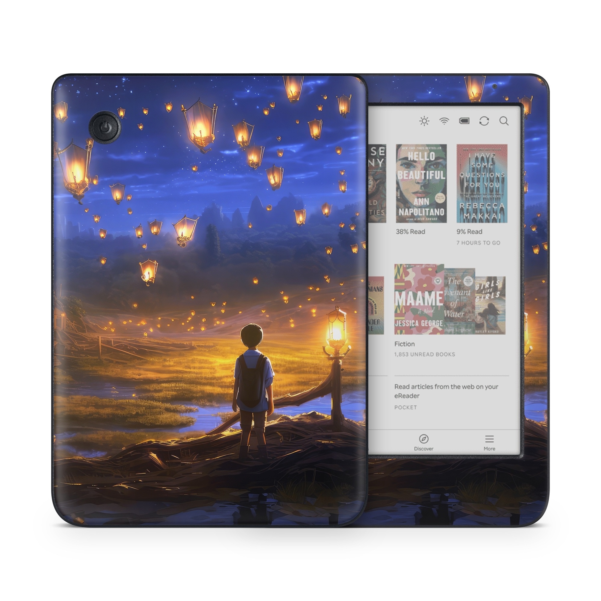 Kobo Clara Colour Skin design of Cloud, World, Nature, Sky, People in nature, Happy, Flash photography, Natural landscape, Horizon, Heat, with black, blue, orange, yellow, gray, purple, orange, green colors