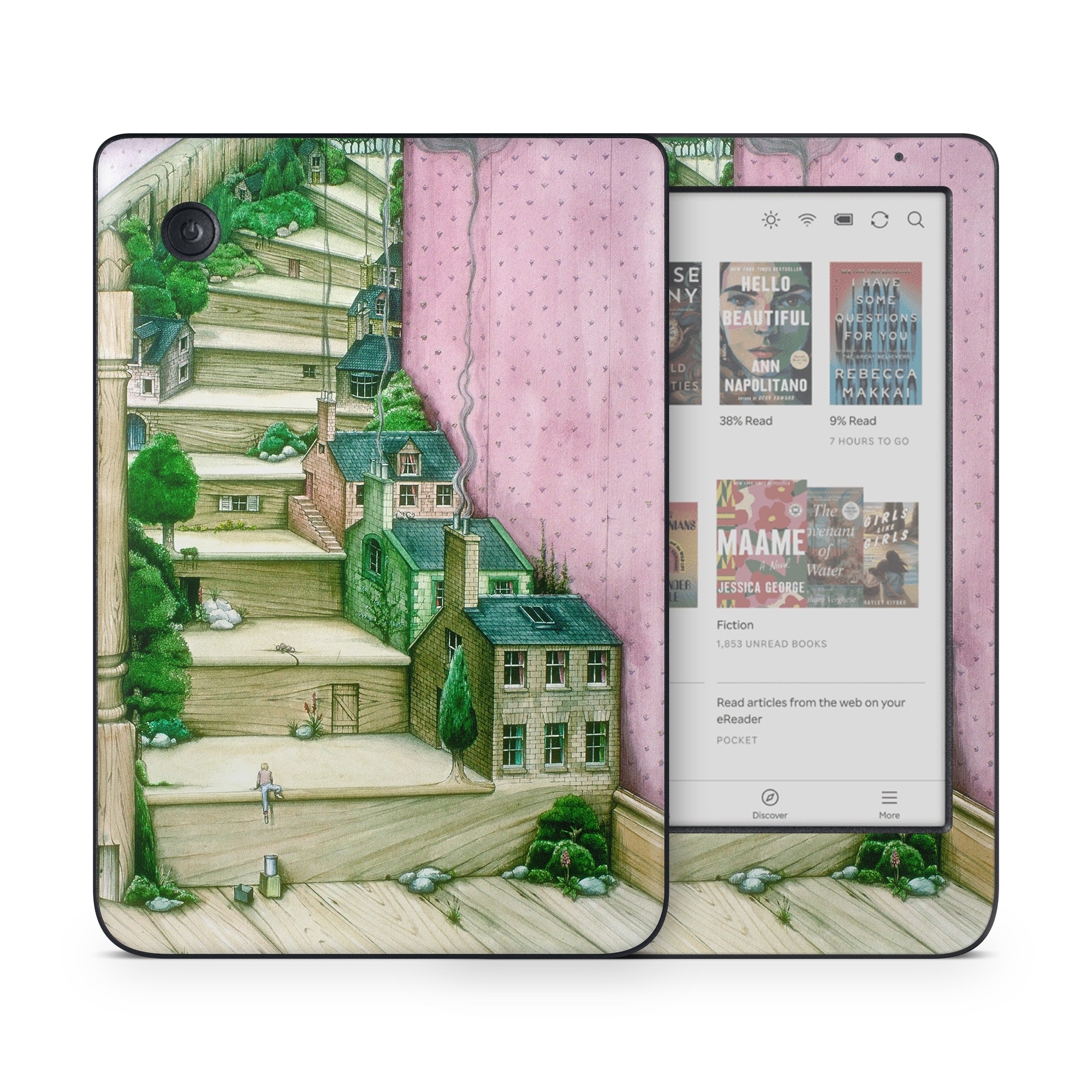 Kobo Clara Colour Skin design of Green, Stairs, House, Watercolor paint, Home, Illustration, Building, Wood, Plant, Sketch, with pink, green, brown colors