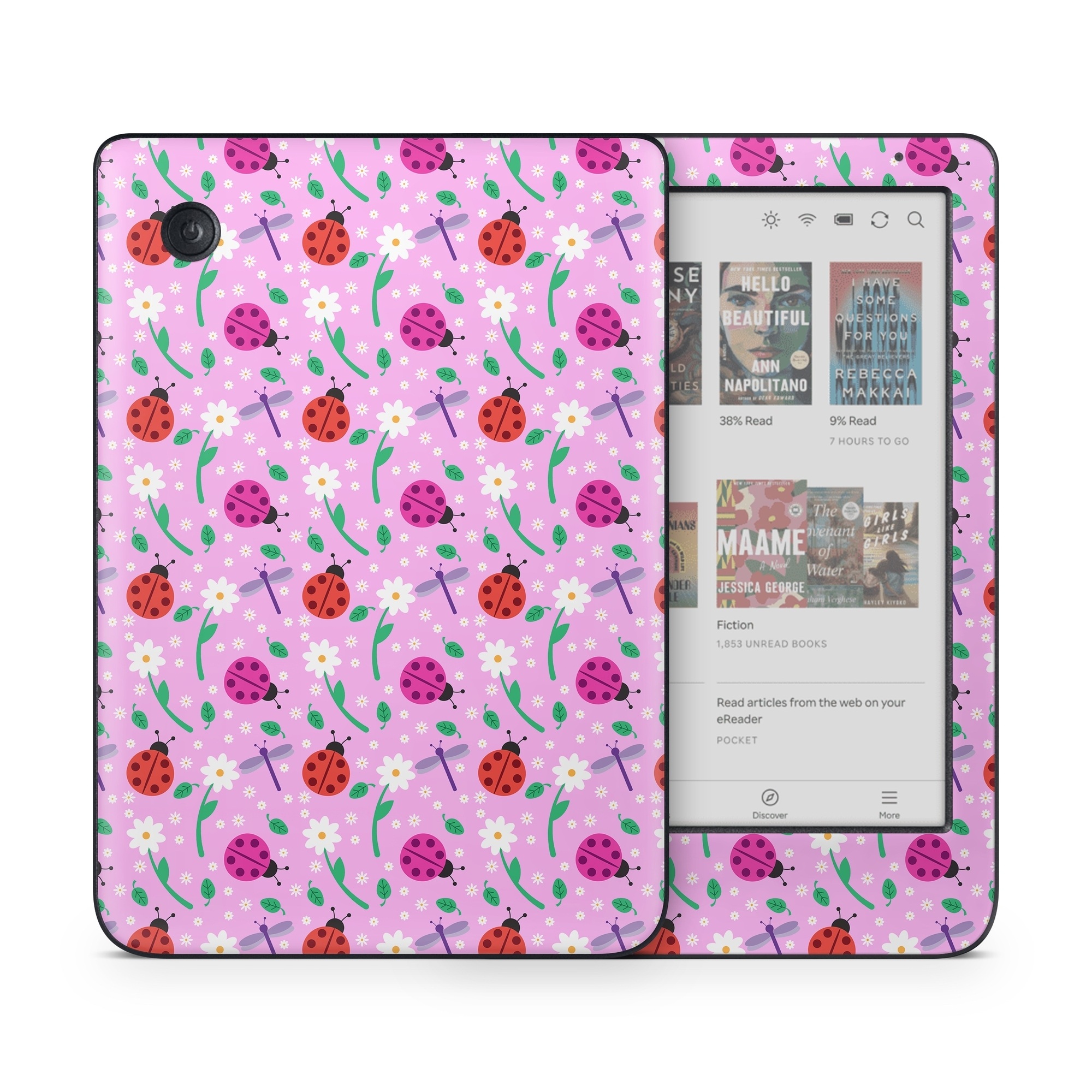 Kobo Clara Colour Skin design of Pink, Pattern, Design, Magenta, Clip art, Plant, Visual arts, Ladybug, Child art, Illustration, with pink, white, purple, gray, red, blue colors