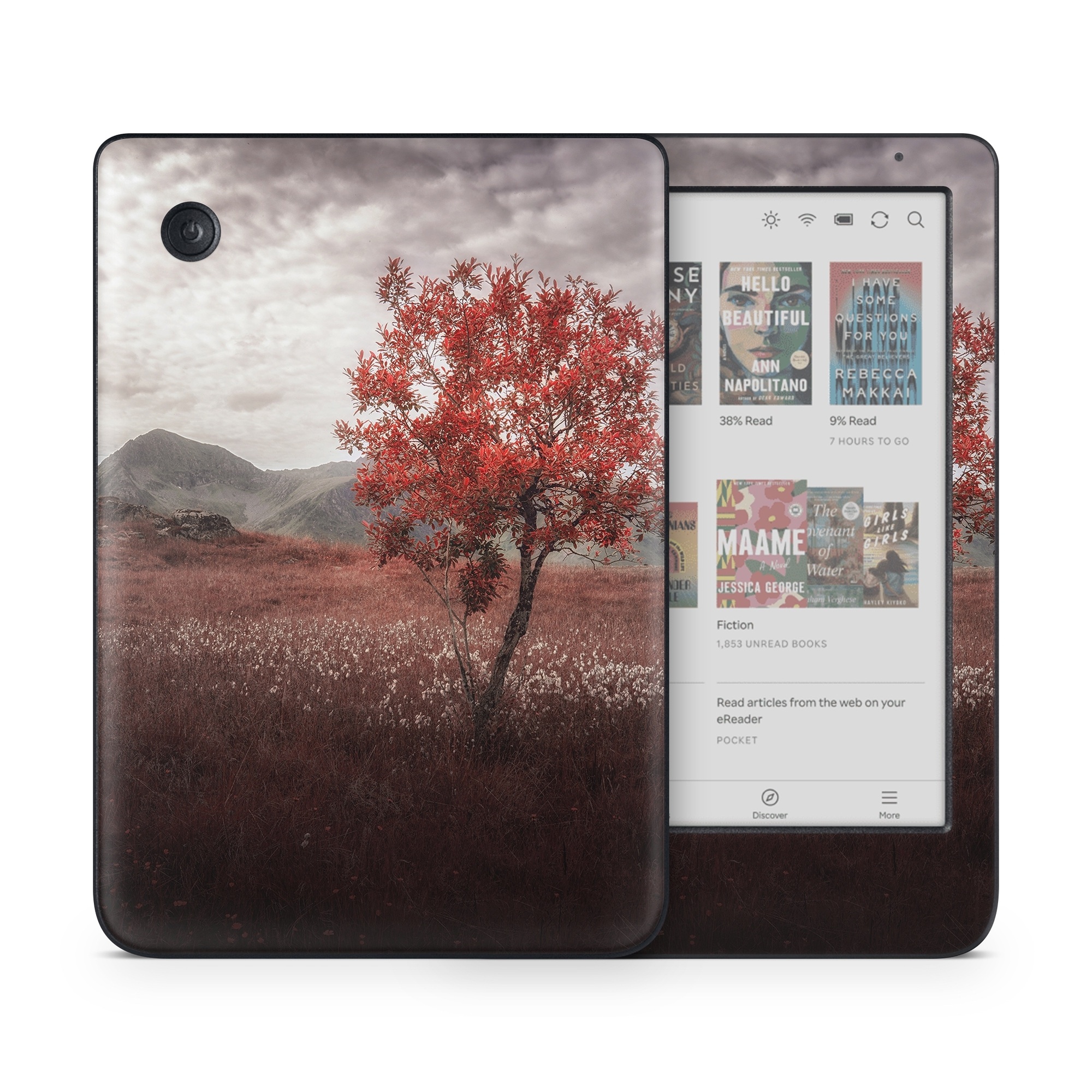 Kobo Clara Colour Skin design of Natural landscape, Nature, Tree, Sky, Red, Natural environment, Atmospheric phenomenon, Leaf, Cloud, Woody plant, with black, gray, red colors
