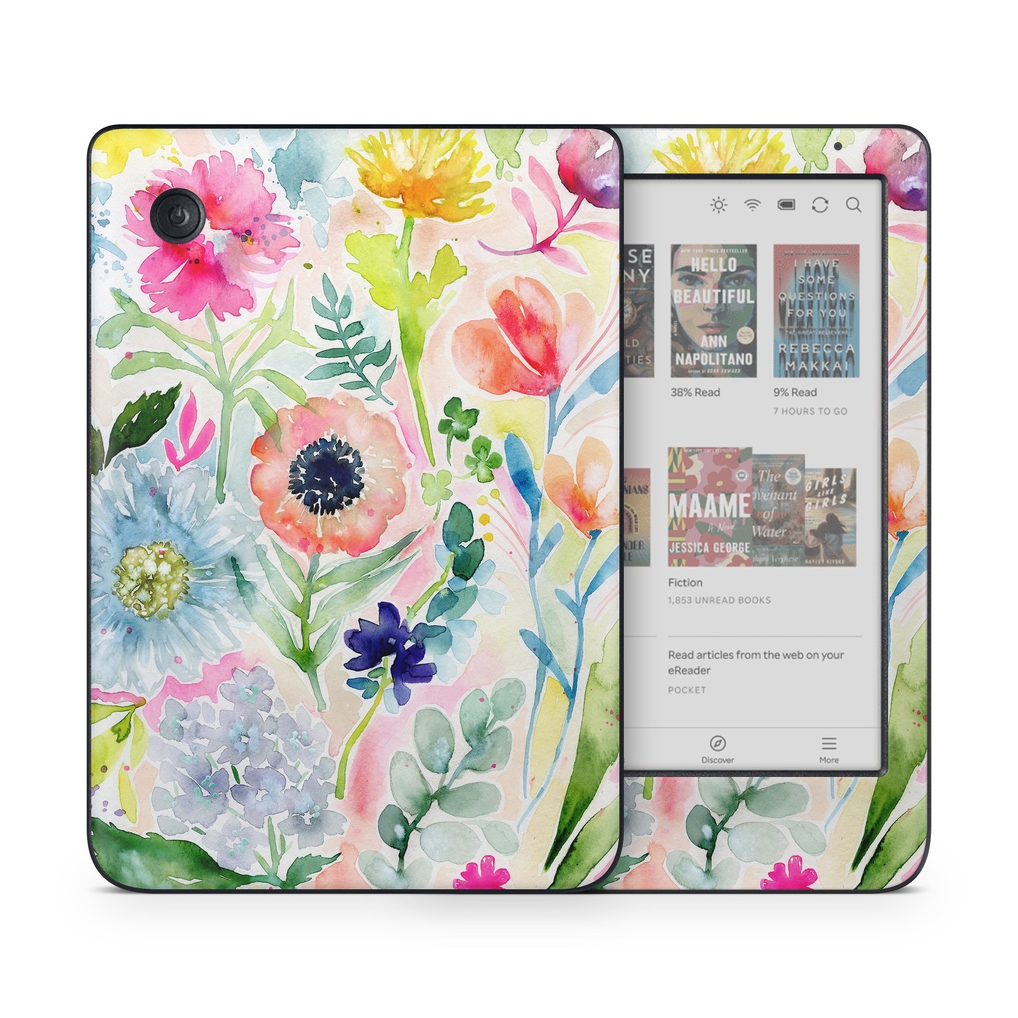Kobo Clara Colour Skin design of Flower, Watercolor paint, Plant, Flowering plant, Pattern, Floral design, Botany, Petal, Wildflower, Design, with green, pink, yellow, orange, blue, red, purple colors