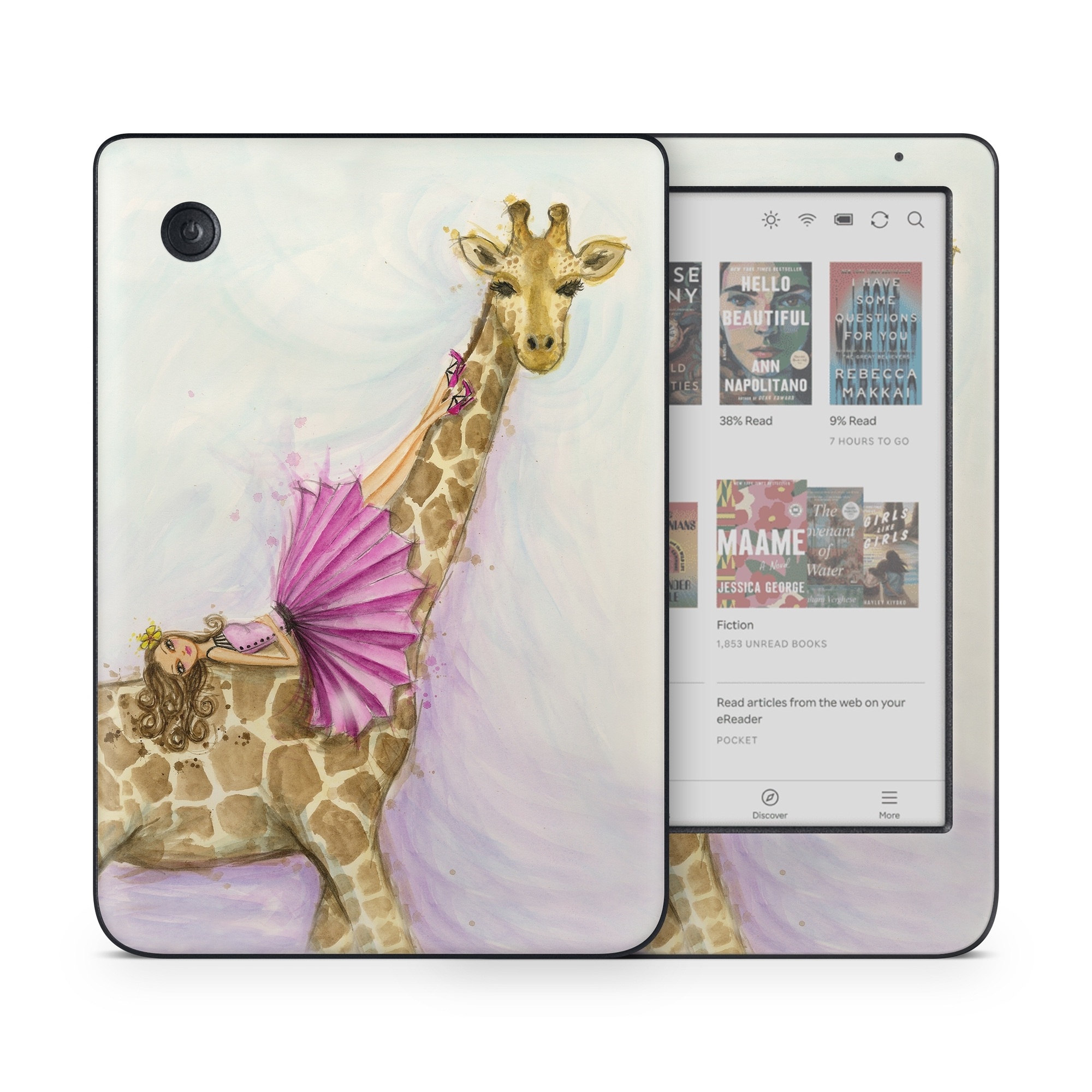 Kobo Clara Colour Skin design of Giraffe, Giraffidae, Terrestrial animal, Pink, Wildlife, Snout, Fawn, Illustration, Watercolor paint, Magenta, with blue, brown, orange, pink colors