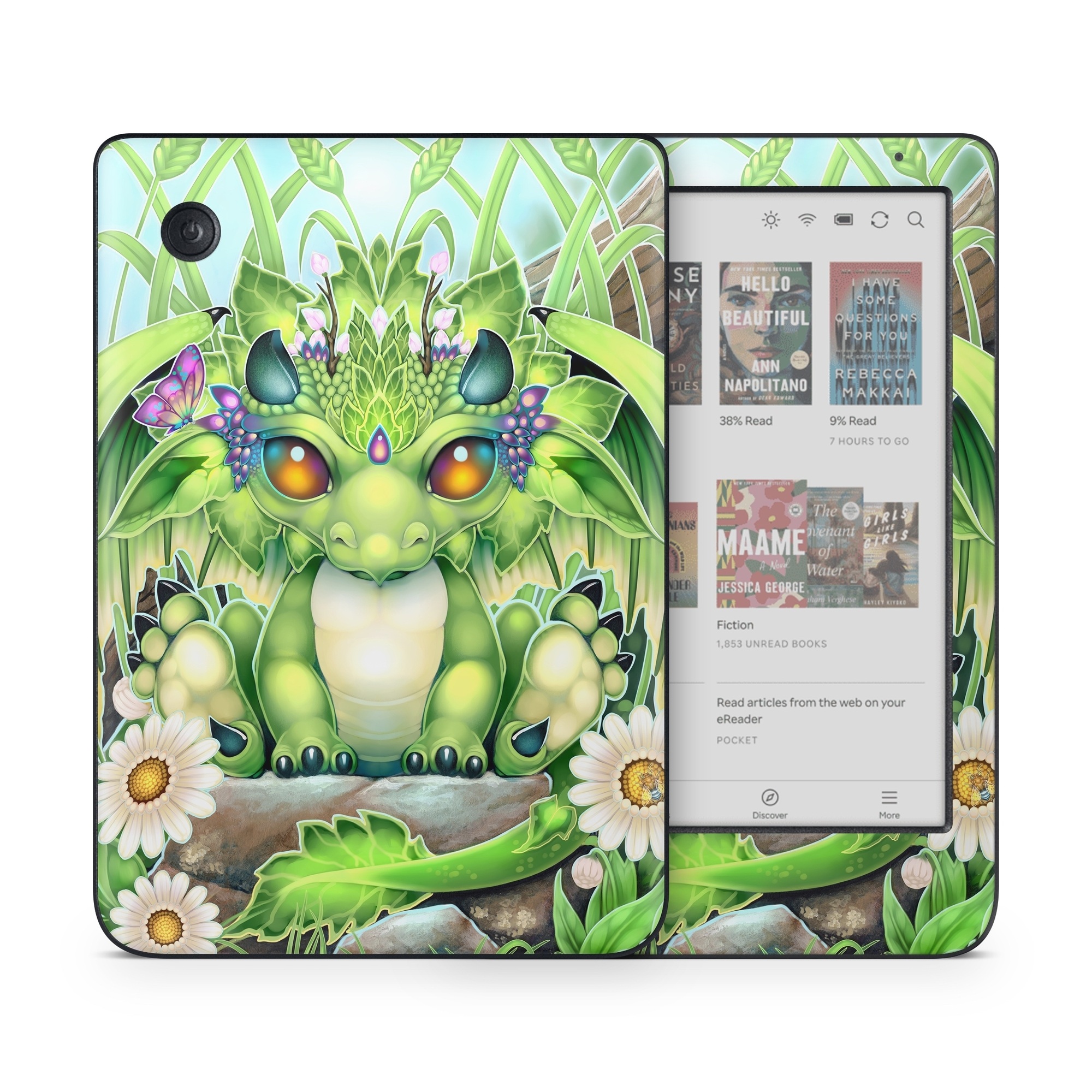 Kobo Clara Colour Skin design of Plant, Green, Leaf, Natural environment, Flower, Terrestrial plant, Grass, Creative arts, People in nature, Art, with green, white, yellow, brown, blue colors