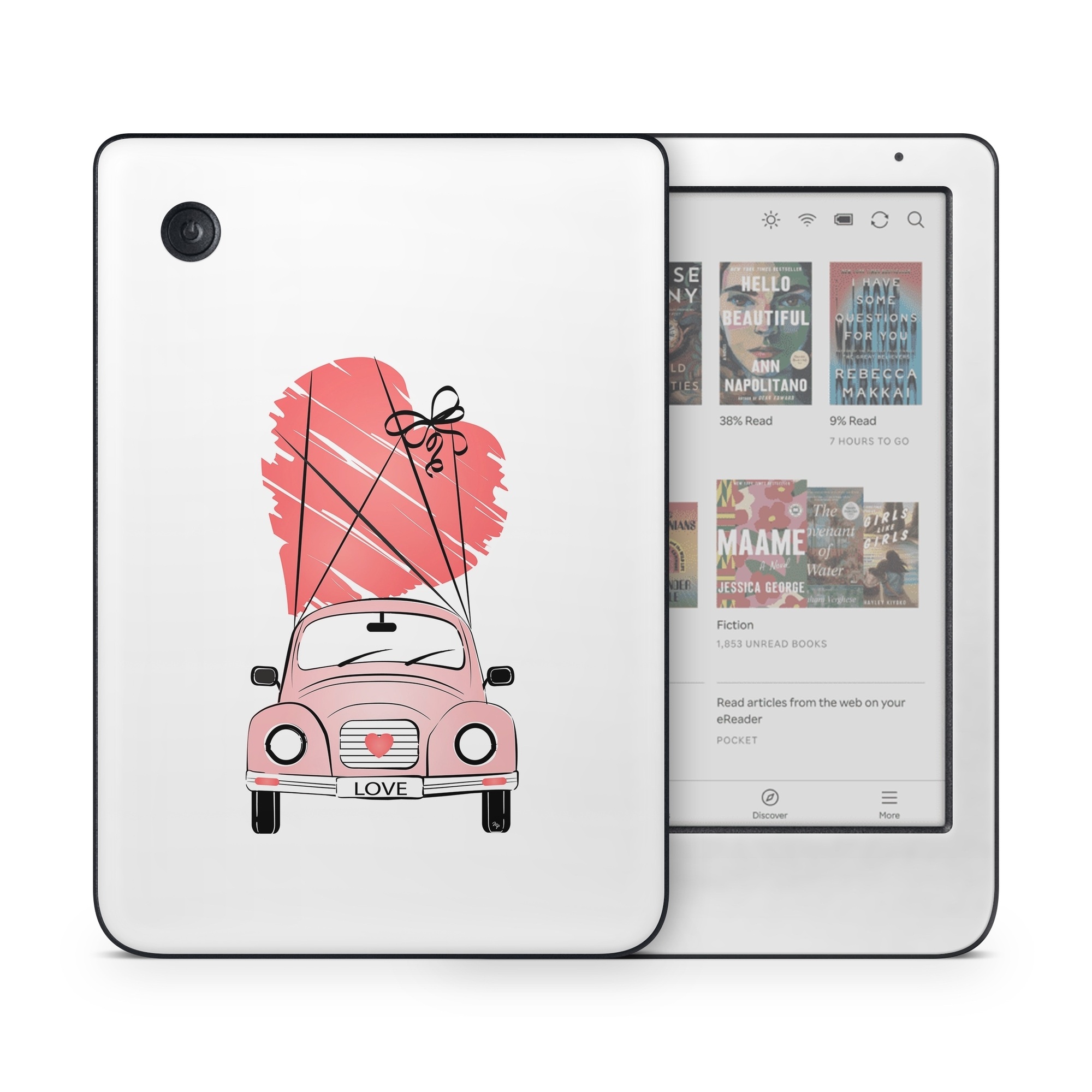Kobo Clara Colour Skin design of Land vehicle, Wheel, Vehicle, Tire, Hood, Automotive lighting, Car, Motor vehicle, Kit car, Cartoon, with white, pink, black, red colors