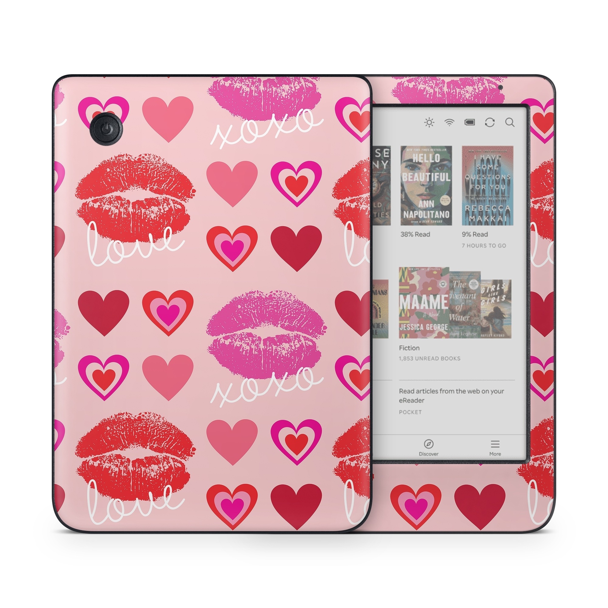 Kobo Clara Colour Skin design of Organ, Pink, Red, Font, Material property, Magenta, Heart, Pattern, Happy, Love, with pink, red, white colors