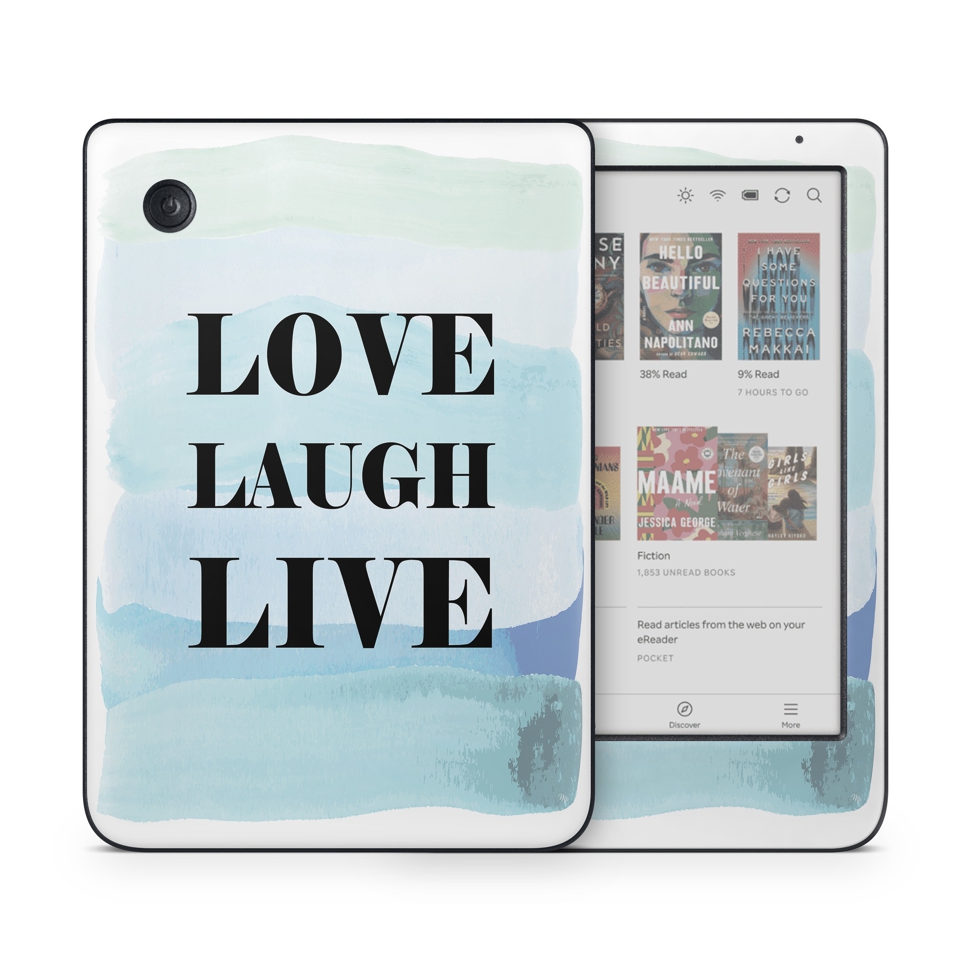 Kobo Clara Colour Skin design of Rectangle, Sleeve, Font, Linens, Pillow, Electric blue, Logo, Bedding, Facial hair, Brand, with white, black, blue, purple, green colors