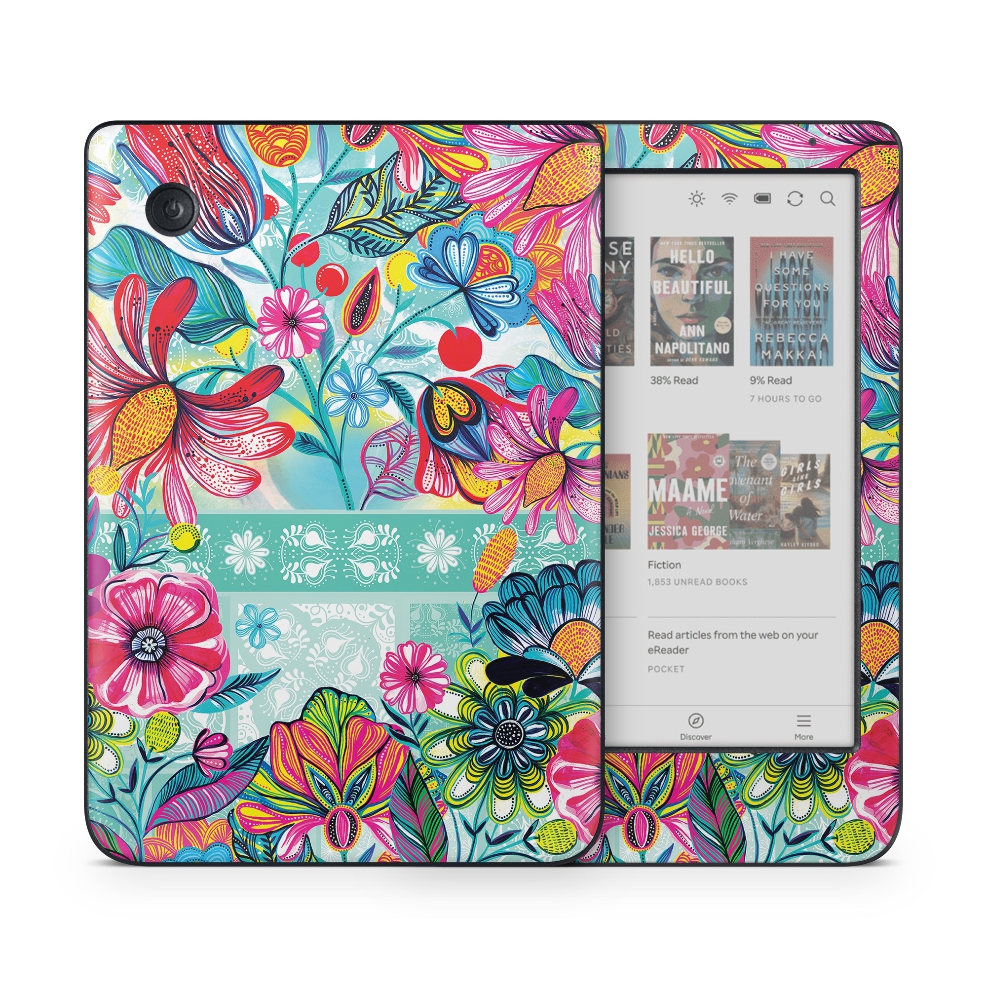 Kobo Clara Colour Skin design of Pattern, Floral design, Textile, Pink, Design, Flower, Visual arts, Wildflower, Plant, with blue, pink, purple, red, green, yellow, orange colors