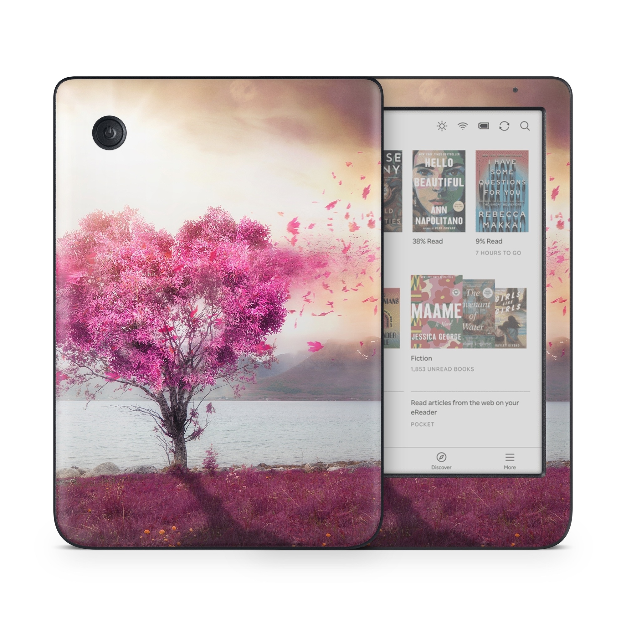 Kobo Clara Colour Skin design of Sky, Nature, Natural landscape, Pink, Tree, Spring, Purple, Landscape, Cloud, Magenta, with pink, yellow, blue, black, gray colors