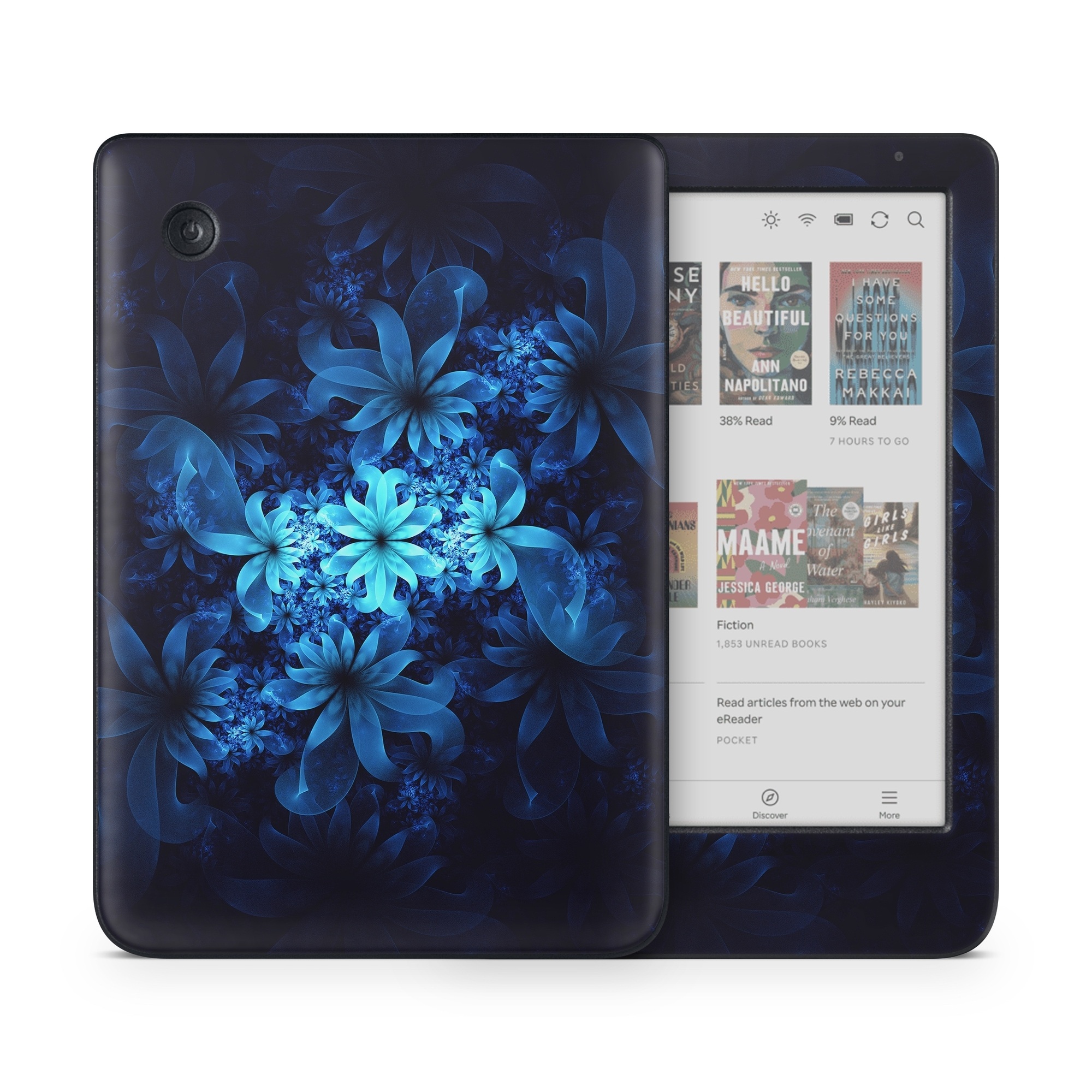 Kobo Clara Colour Skin design of Nature, Blue, Petal, Organism, Darkness, Flower, Colorfulness, Electric Blue, Majorelle Blue, Pattern, Botany, Still Life Photography, Space, Aquatic Plant, Fractal Art, Visual Arts, Illustration, Symmetry, Midnight, Wildflower, Painting, Still Life, with black, blue, white colors