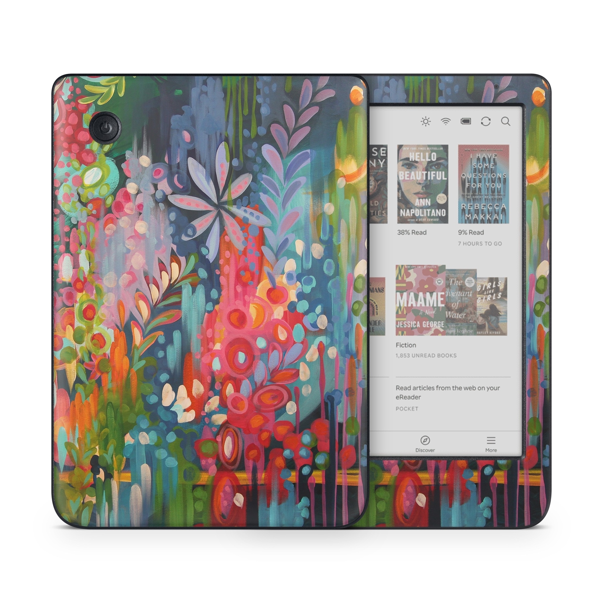 Kobo Clara Colour Skin design of Painting, Modern art, Acrylic paint, Art, Visual arts, Watercolor paint, Child art, Flower, Plant, Tree, with blue, red, orange, purple, yellow, pink, green colors