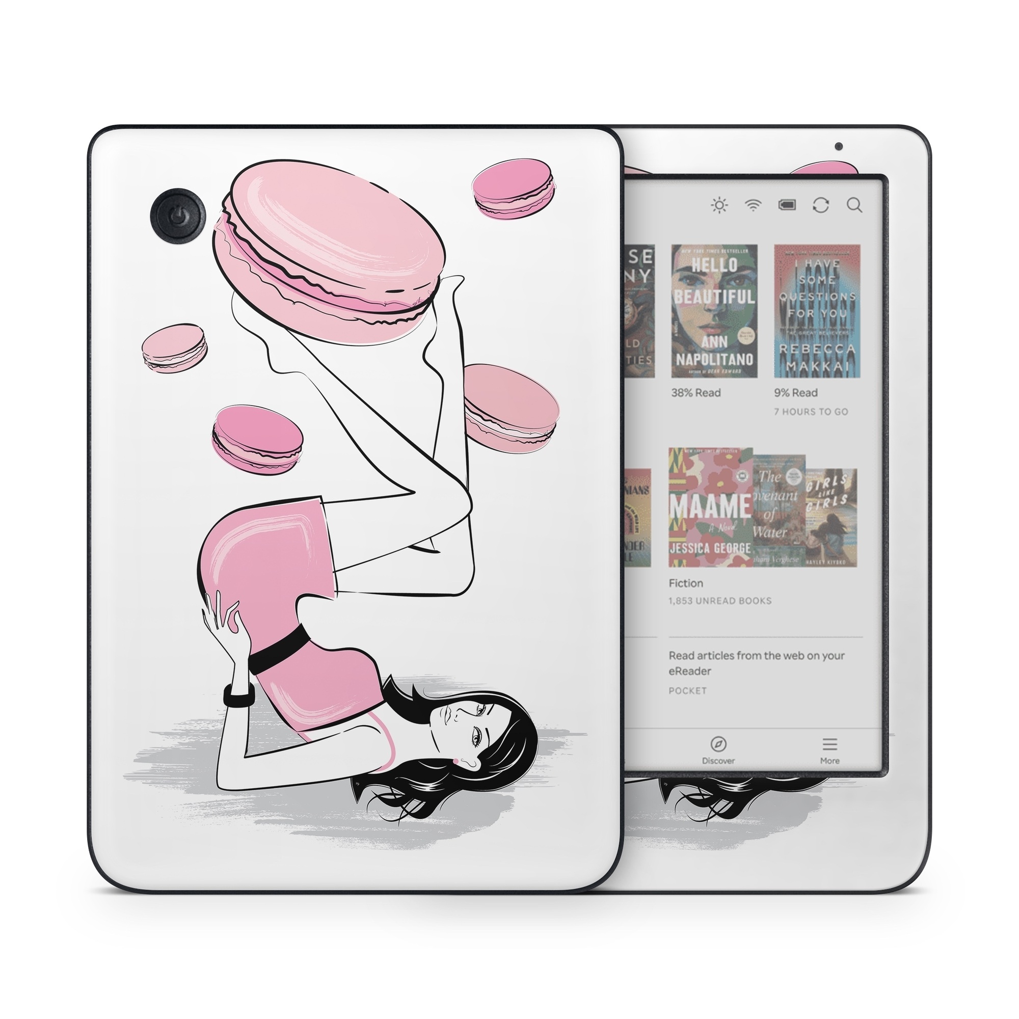Kobo Clara Colour Skin design of Gesture, Pink, Cartoon, Happy, Art, Red, Font, Elbow, Magenta, Thumb, with white, black, pink, gray colors