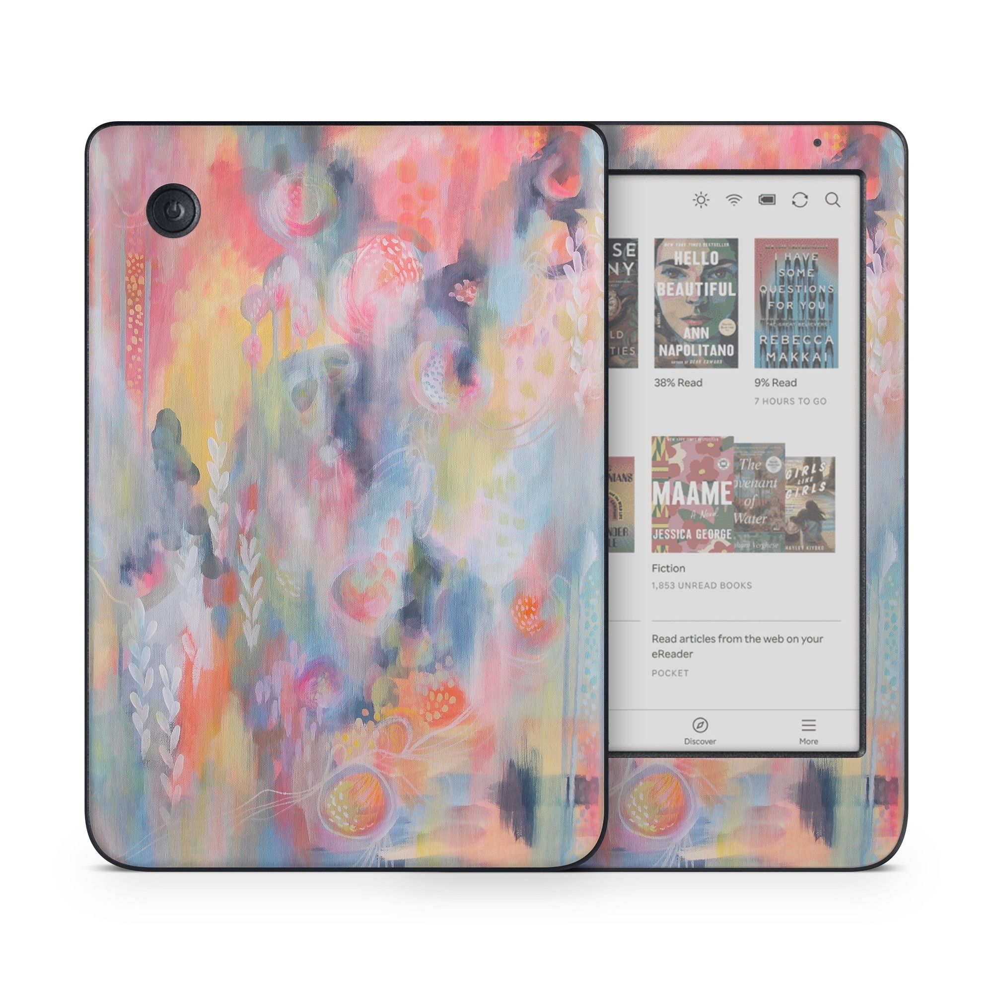 Kobo Clara Colour Skin design of Painting, Watercolor paint, Modern art, Acrylic paint, Art, Visual arts, Paint, Artwork, Dye, with blue, pink, orange, yellow, red, white colors