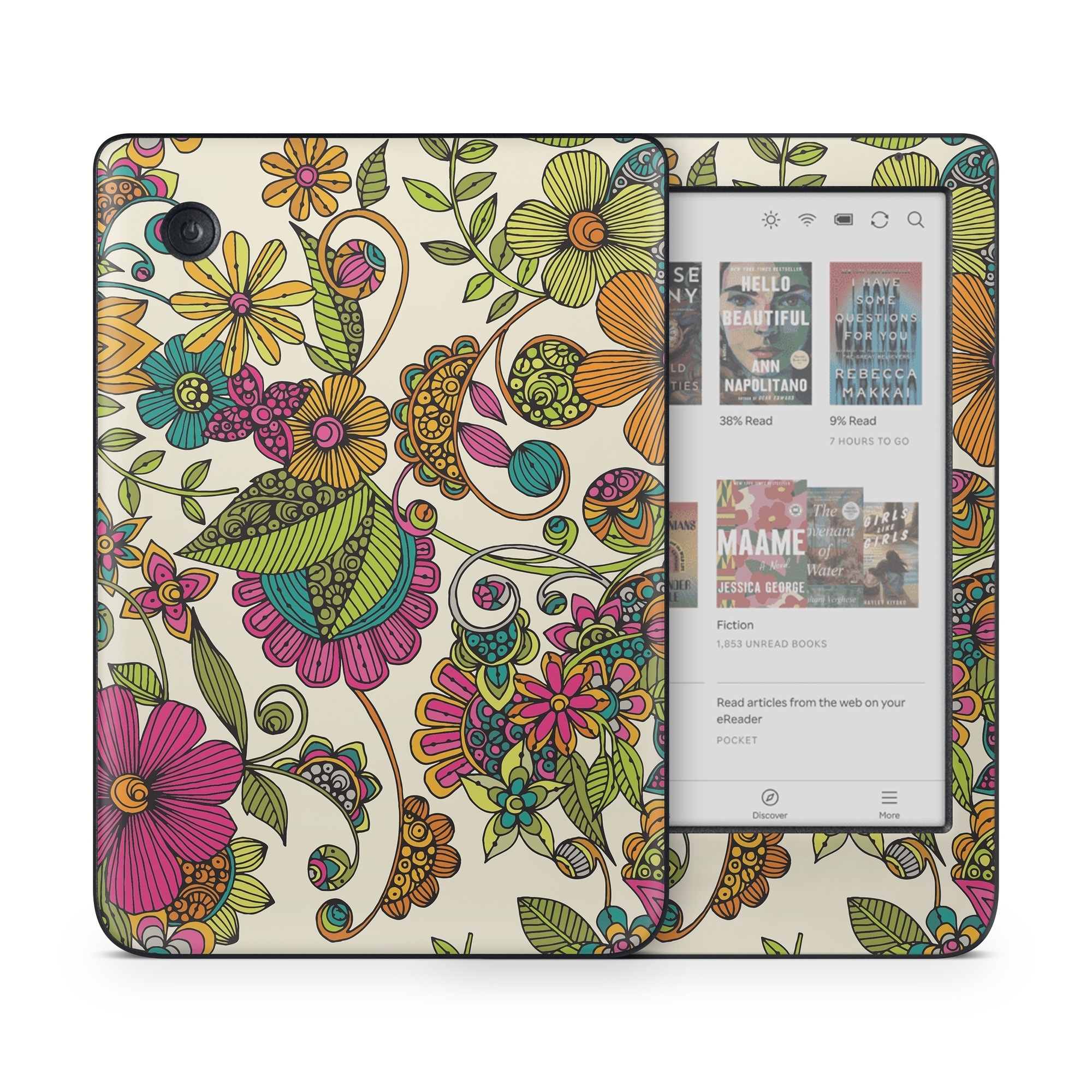 Kobo Clara Colour Skin design of Pattern, Floral design, Motif, Design, Visual arts, Botany, Pedicel, Flower, Plant, Textile, with green, pink, orange, blue colors
