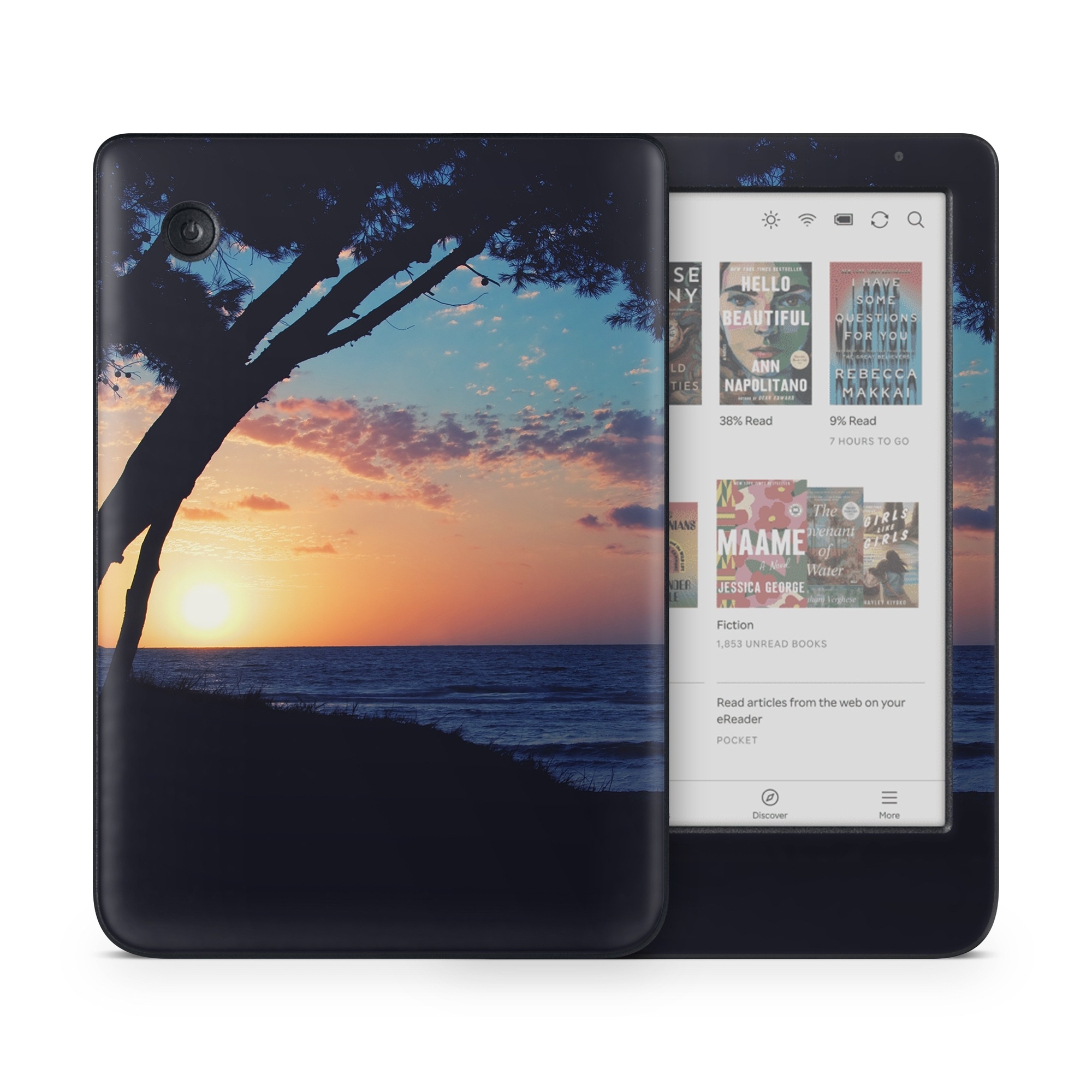 Kobo Clara Colour Skin design of Sky, Horizon, Nature, Tree, Sunset, Sunrise, Ocean, Sea, Natural landscape, Afterglow, with black, gray, blue, green, red, pink colors