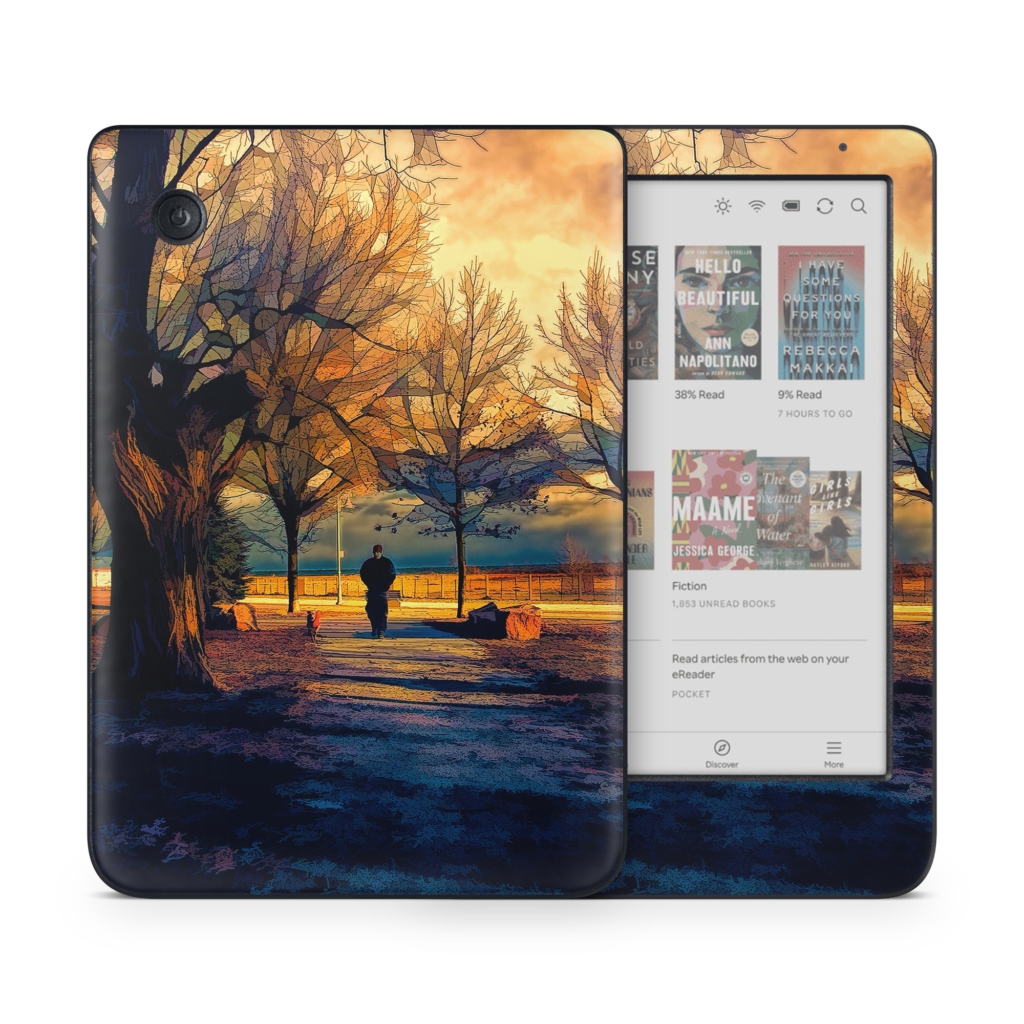 Kobo Clara Colour Skin design of Sky, Nature, Natural landscape, Tree, Cloud, Sunset, Evening, Morning, Sunrise, Horizon, with black, brown, yellow, orange, blue colors