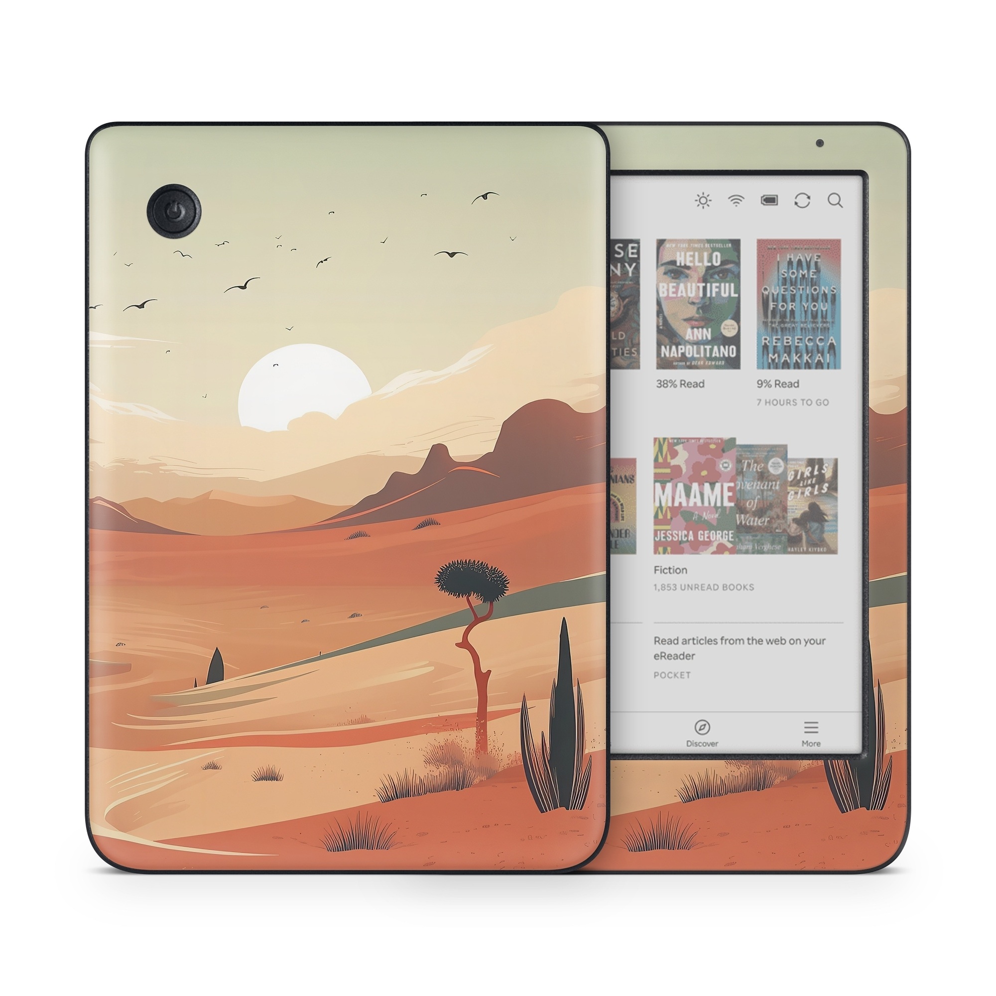 Kobo Clara Colour Skin design of Sky, Bird, Ecoregion, Light, Nature, Cloud, Natural environment, Moon, Natural landscape, Biome, with orange, yellow, brown, green, white, black colors